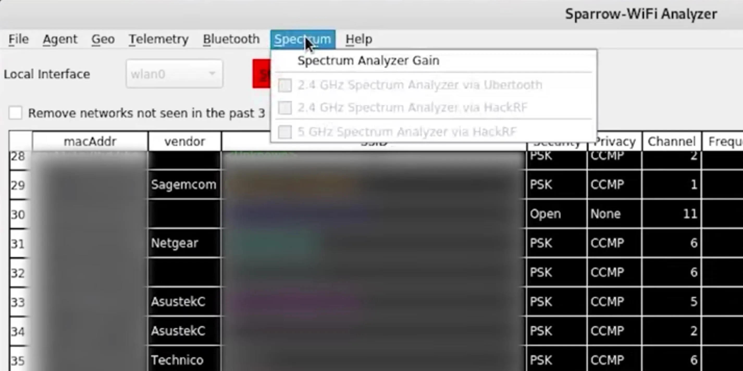 WiFi network analysis interface showing available networks and details.