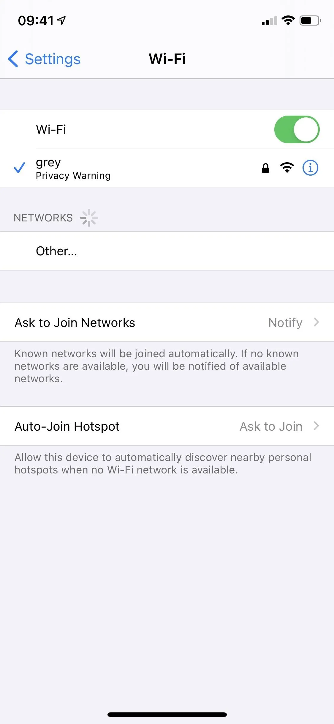 Settings page showing Wi-Fi toggle and network options on a smartphone.