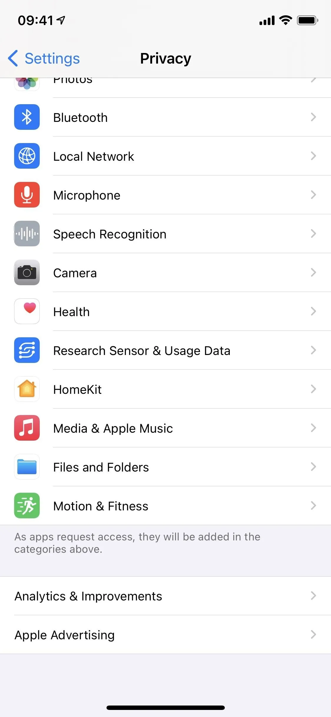 Privacy settings on a smartphone showing app permissions.