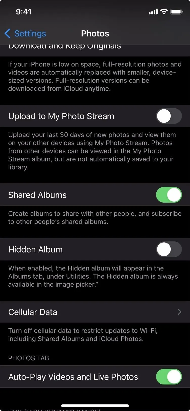 Settings menu for photo privacy options on a mobile device.