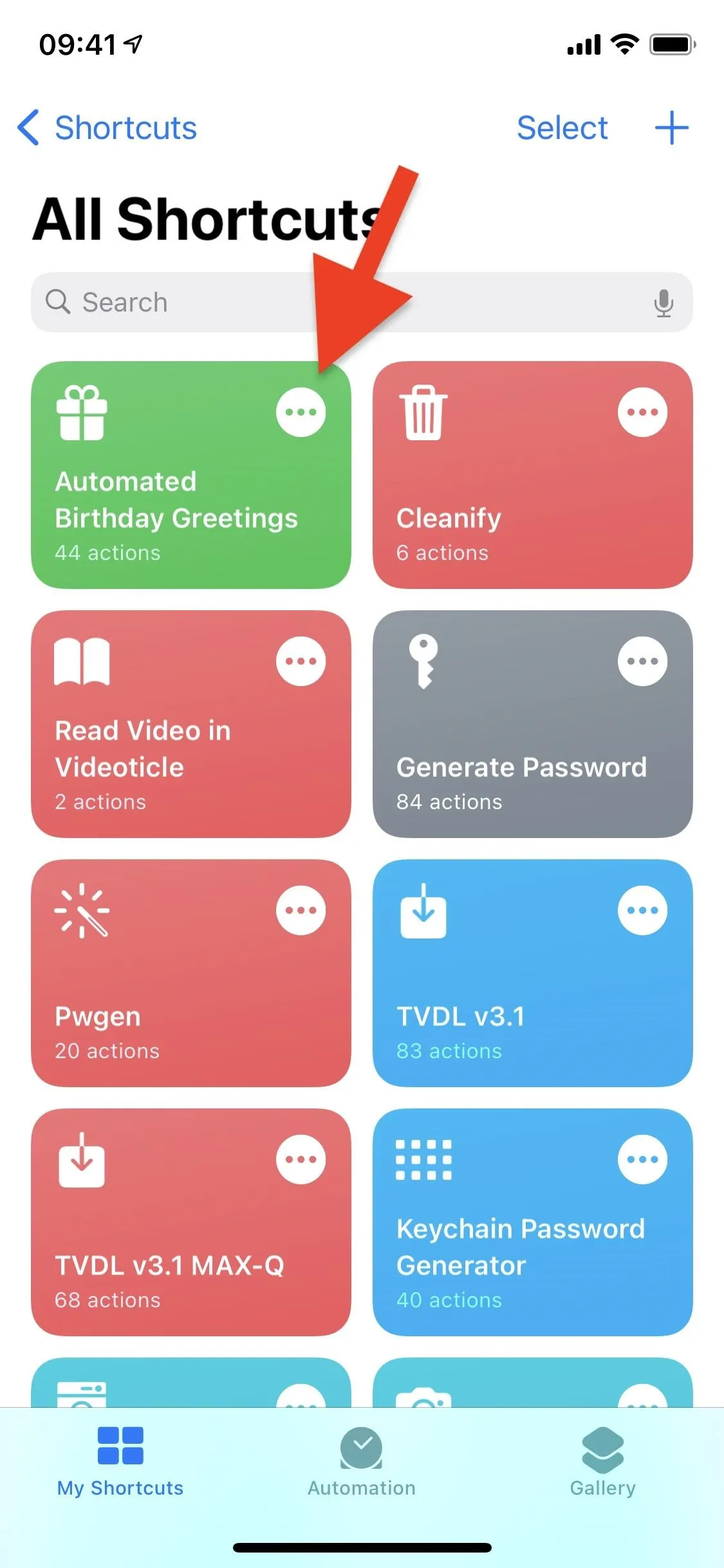 Shortcut settings screen with various app icons and a highlighted green shortcut option.