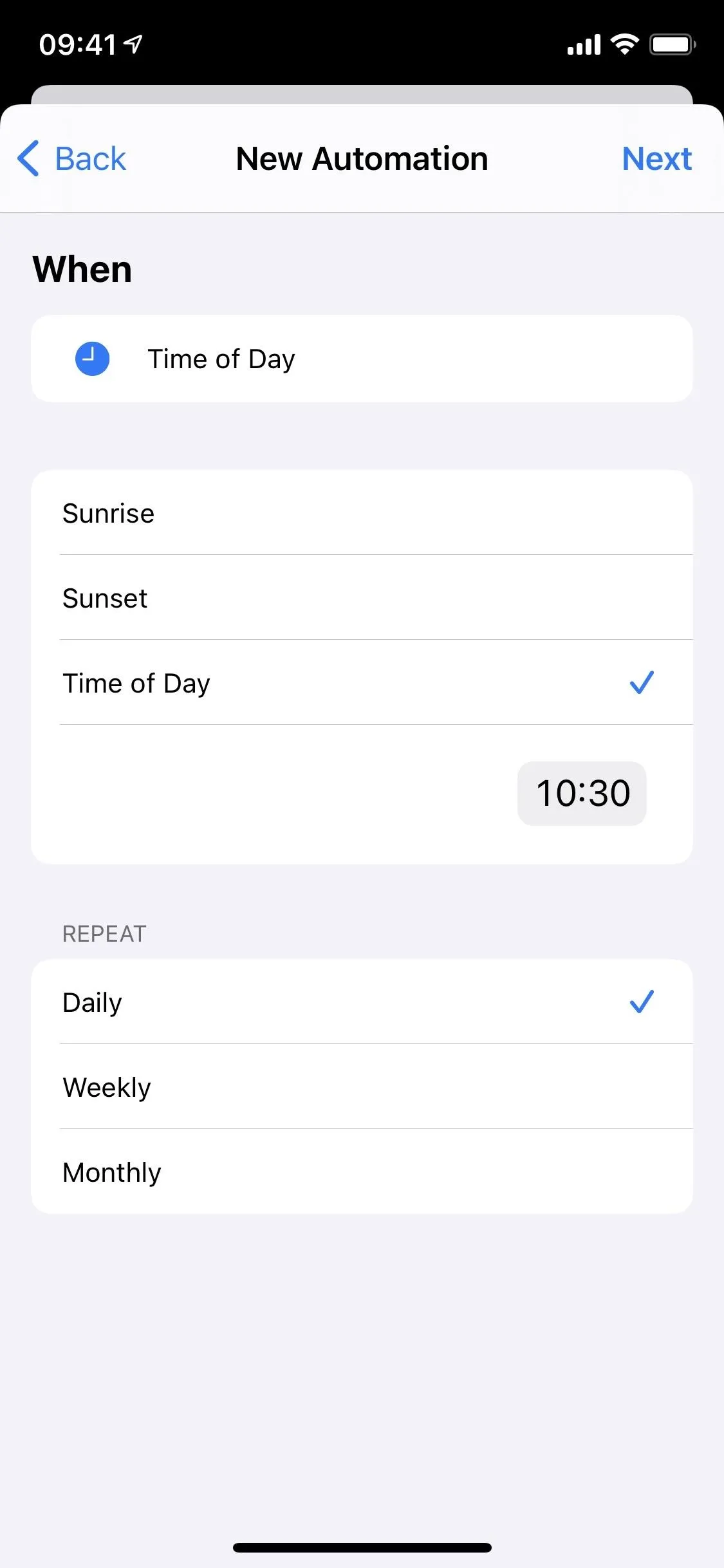 Automated settings for time-based triggers on a mobile device.