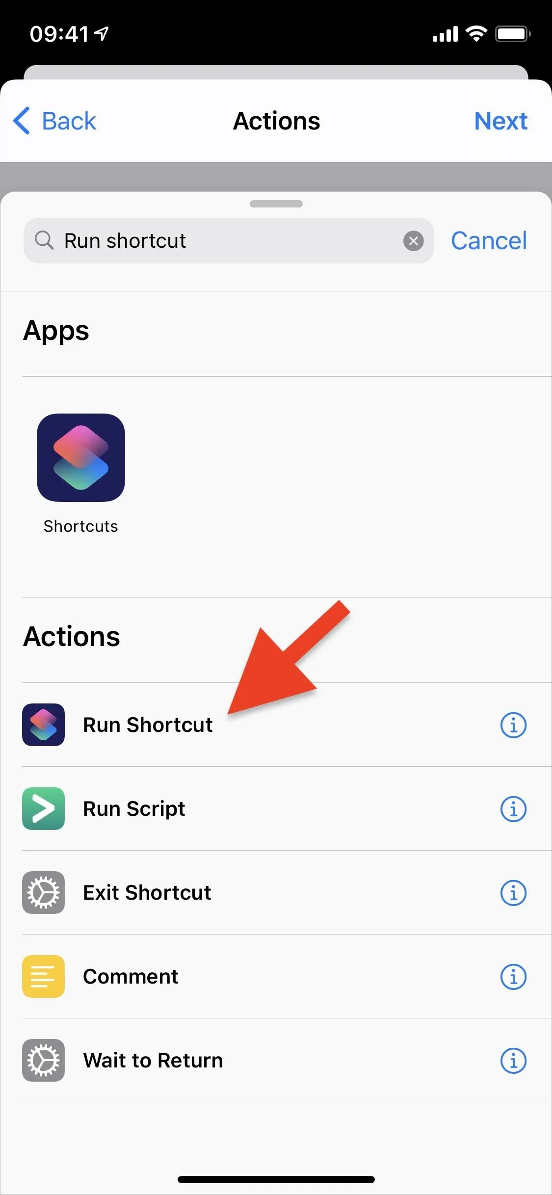 Menu options on a mobile app screen with an arrow pointing to "Run Shortcut."