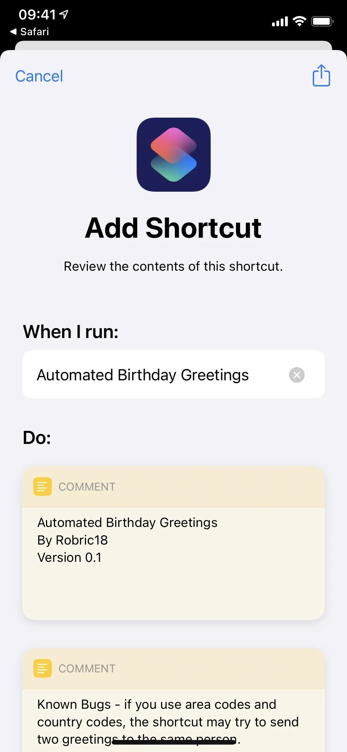 Automated birthday greeting shortcut on a mobile device.