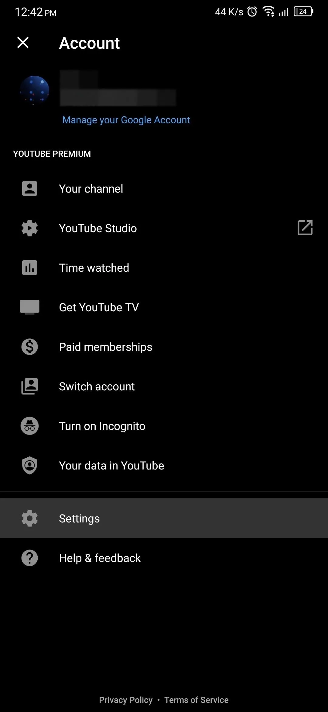 YouTube account settings menu on mobile device.