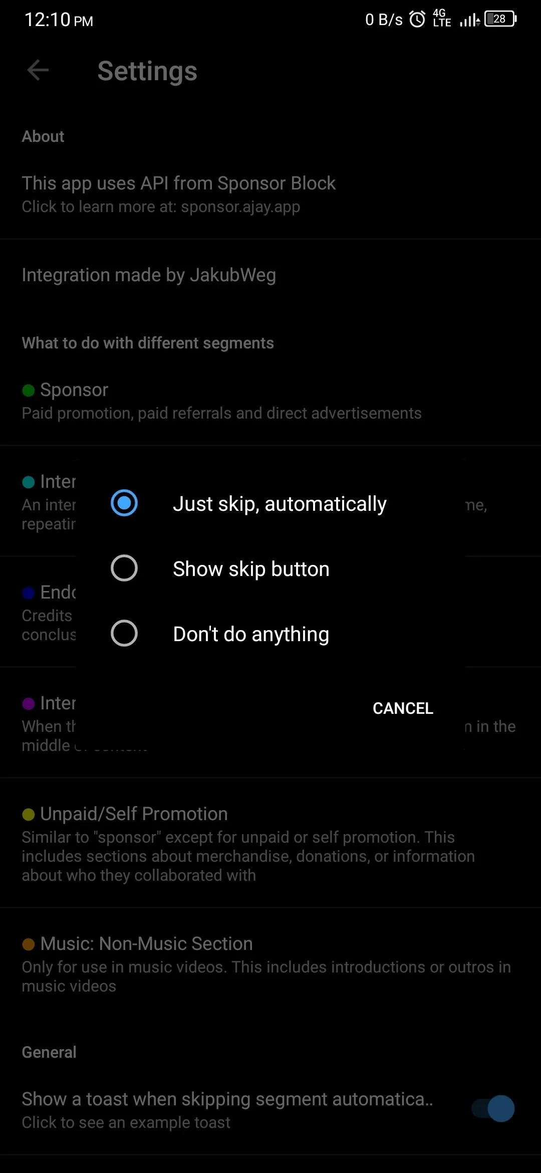 Settings menu on a smartphone displaying options for location and privacy.