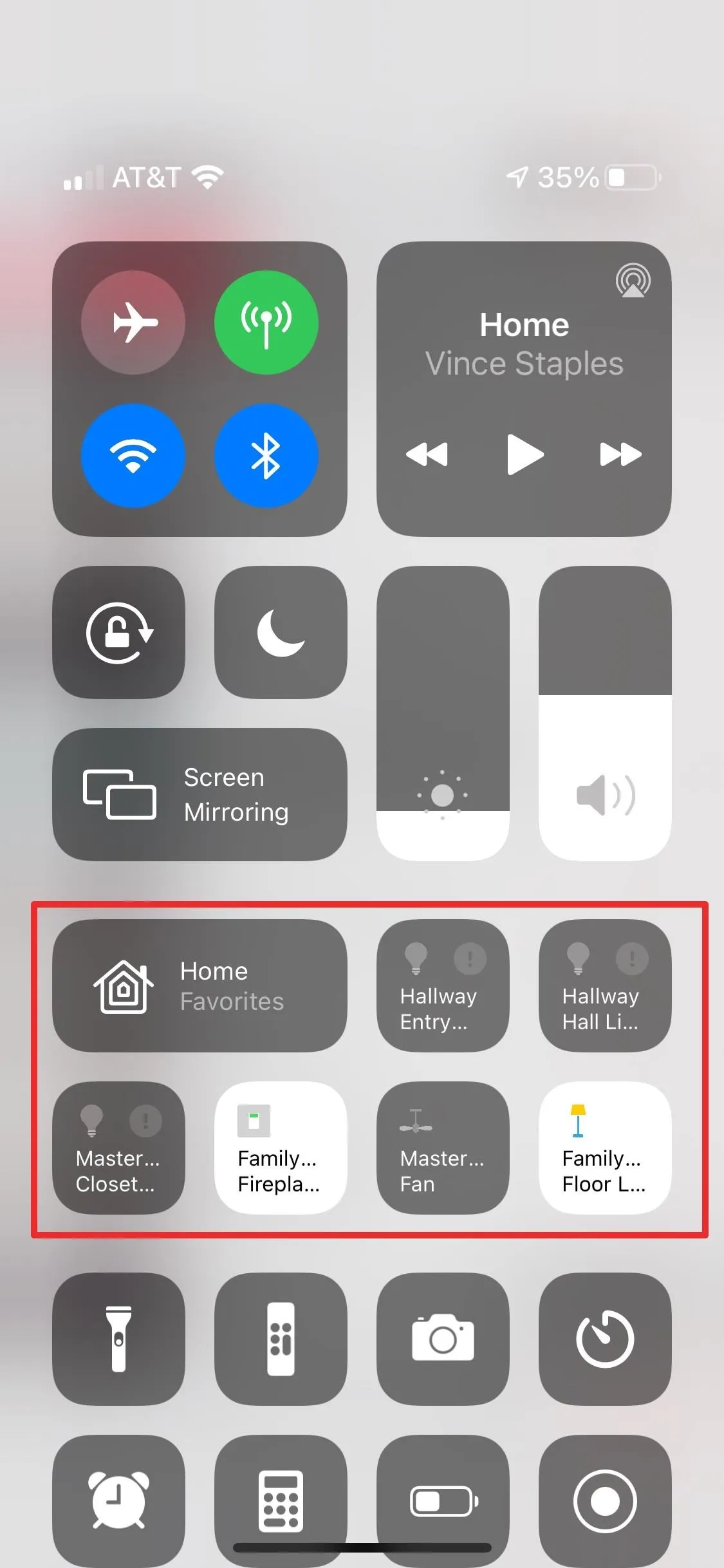 Control center interface on a smartphone display.