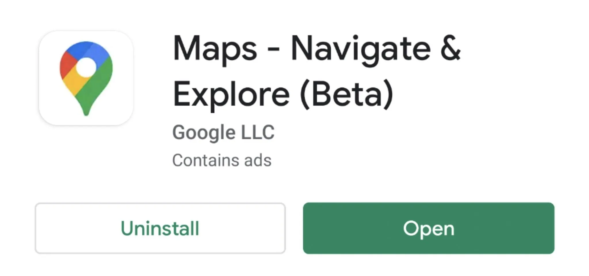 Google Maps app interface with options to uninstall or open.