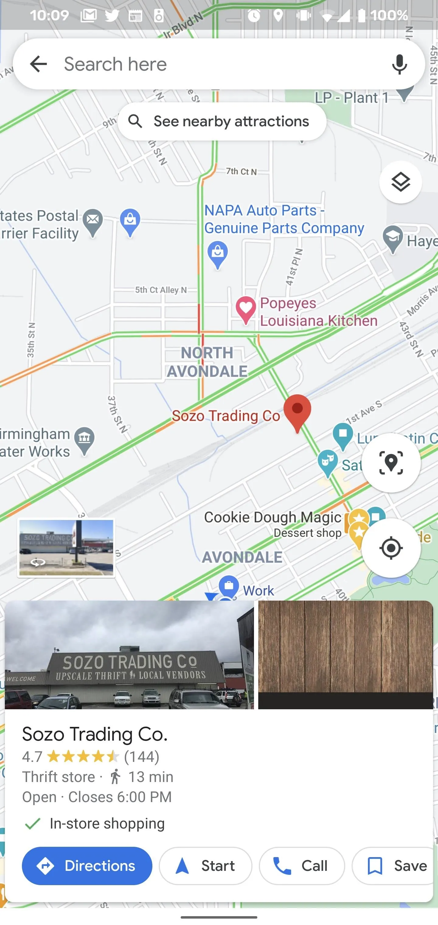 Map view showing location details for a business, including address and nearby landmarks.