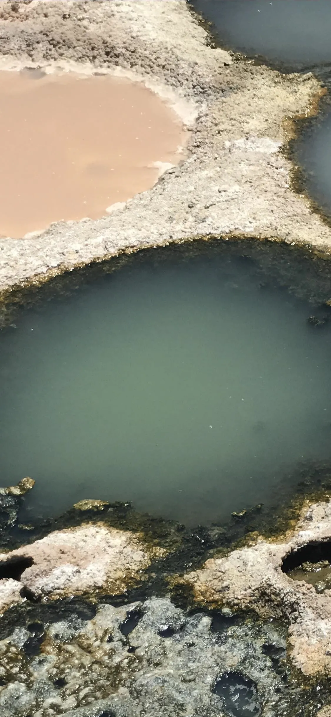 Natural salt flats with circular water pools.