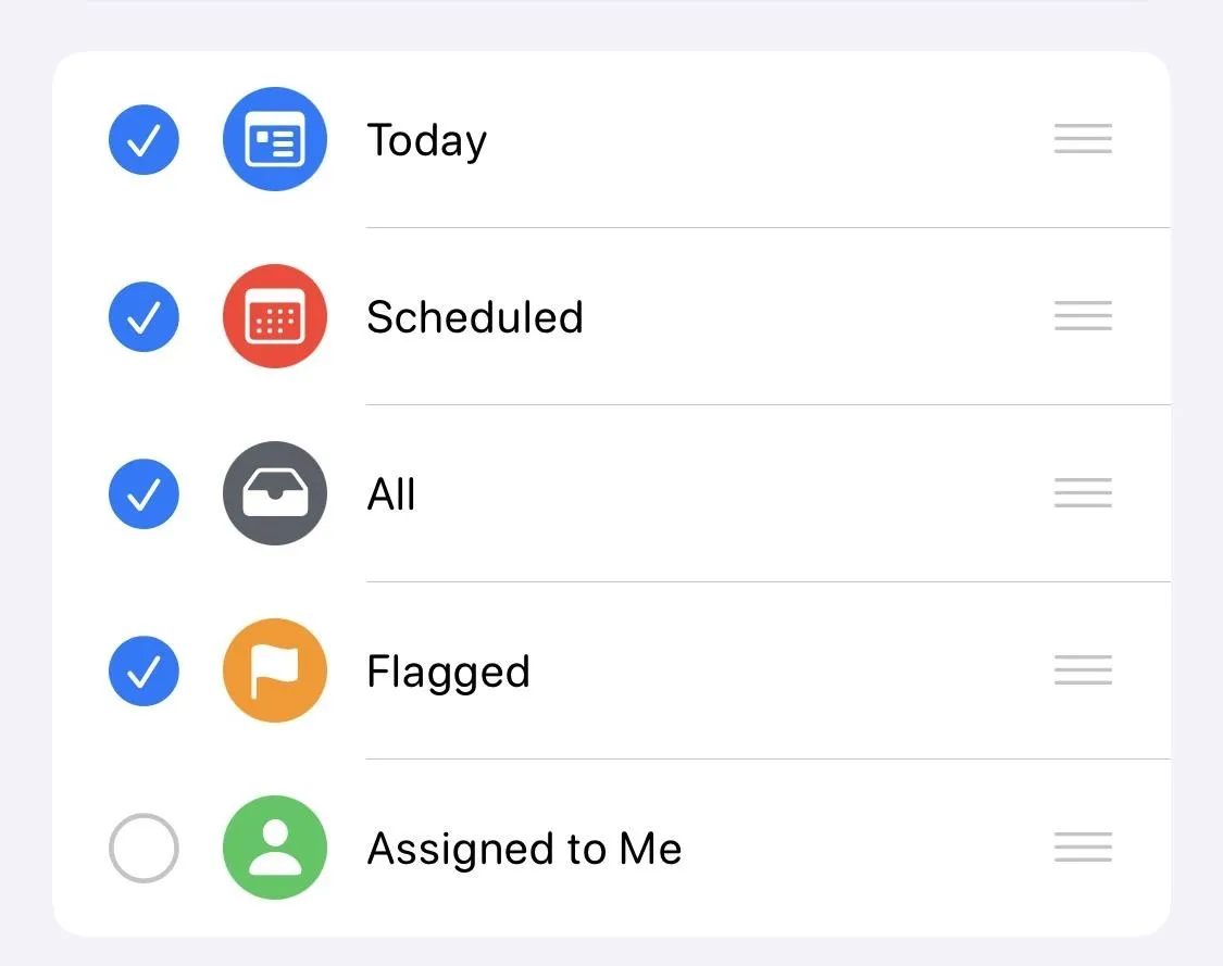 Task management interface showing filter options: Today, Scheduled, All, Flagged, Assigned to Me.