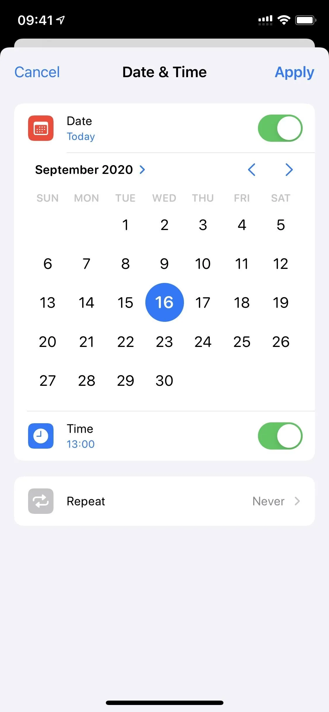 Date and time selection interface on a mobile device.