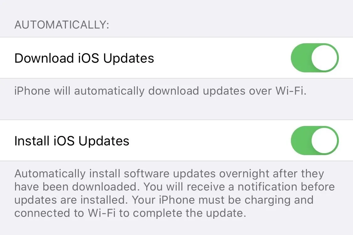 iOS update settings with options to download and install updates automatically.