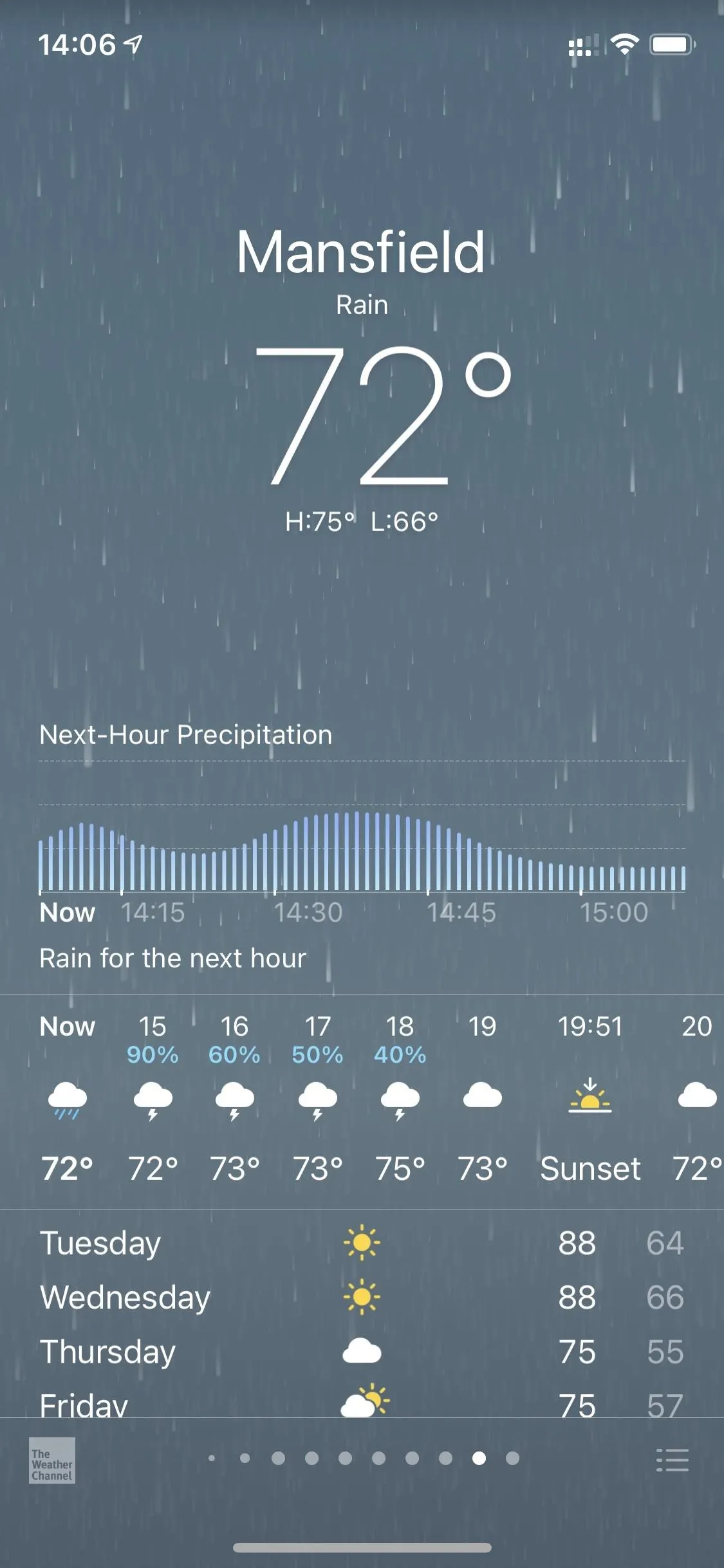 Mansfield weather forecast showing 72°F with rain for the week ahead.