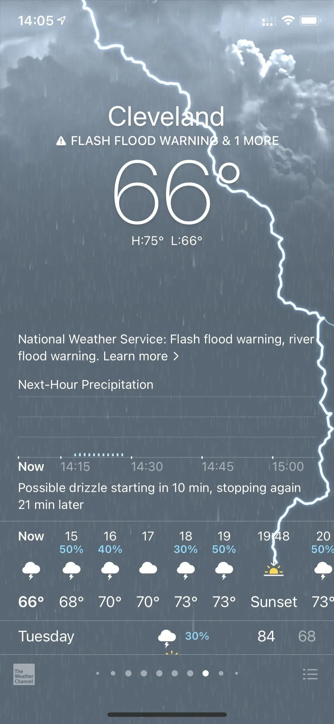 Cleveland weather forecast showing 66°F with thunderstorms.