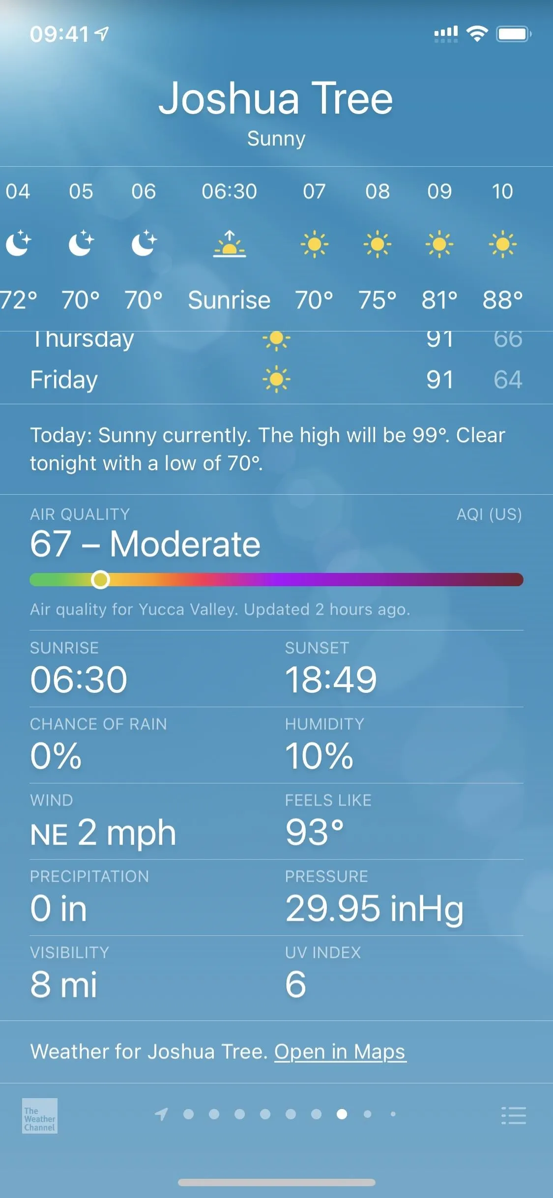 Weather forecast for Joshua Tree, showing temperature, humidity, and UV index.