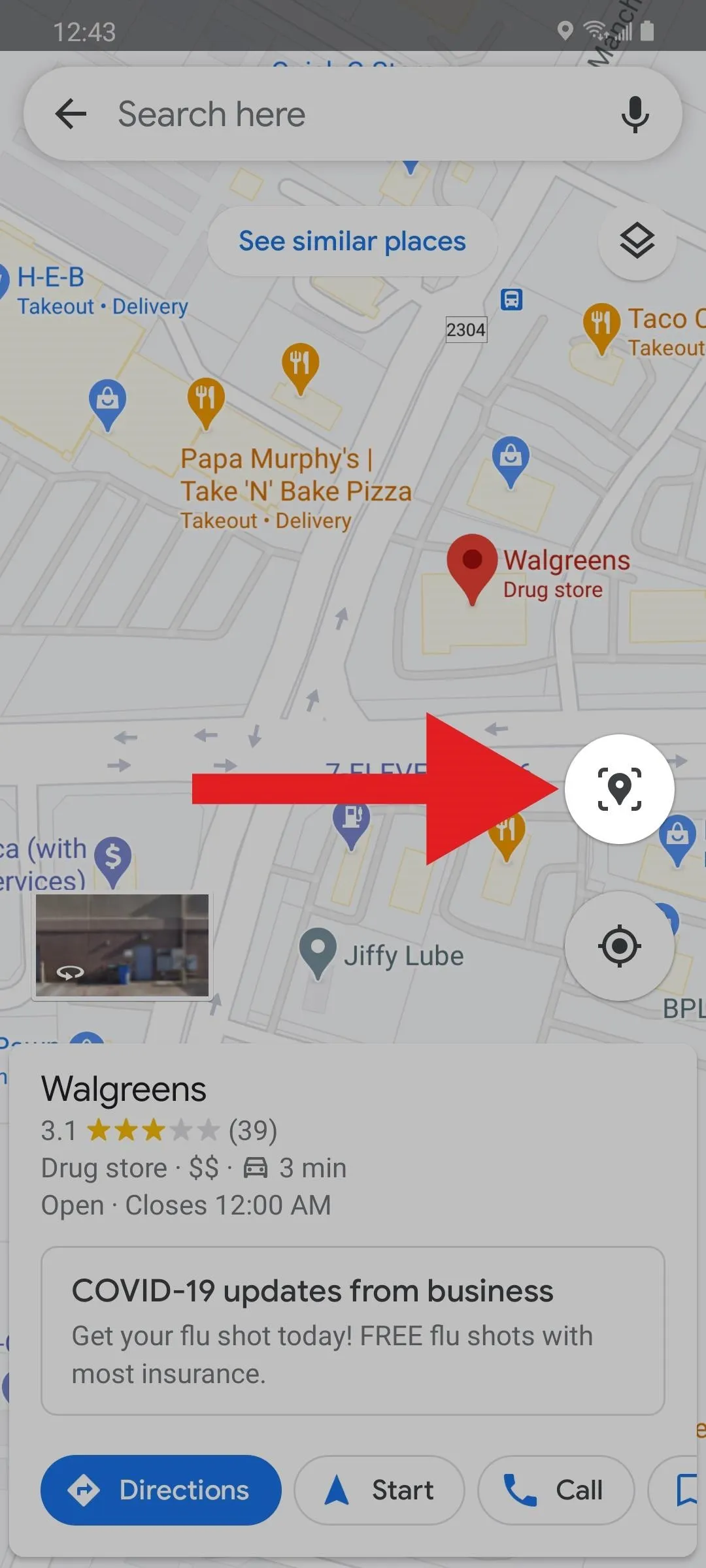 Map view highlighting a location with a red arrow.