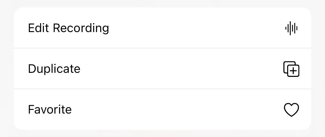 Audio recording options: Edit, Duplicate, Favorite.
