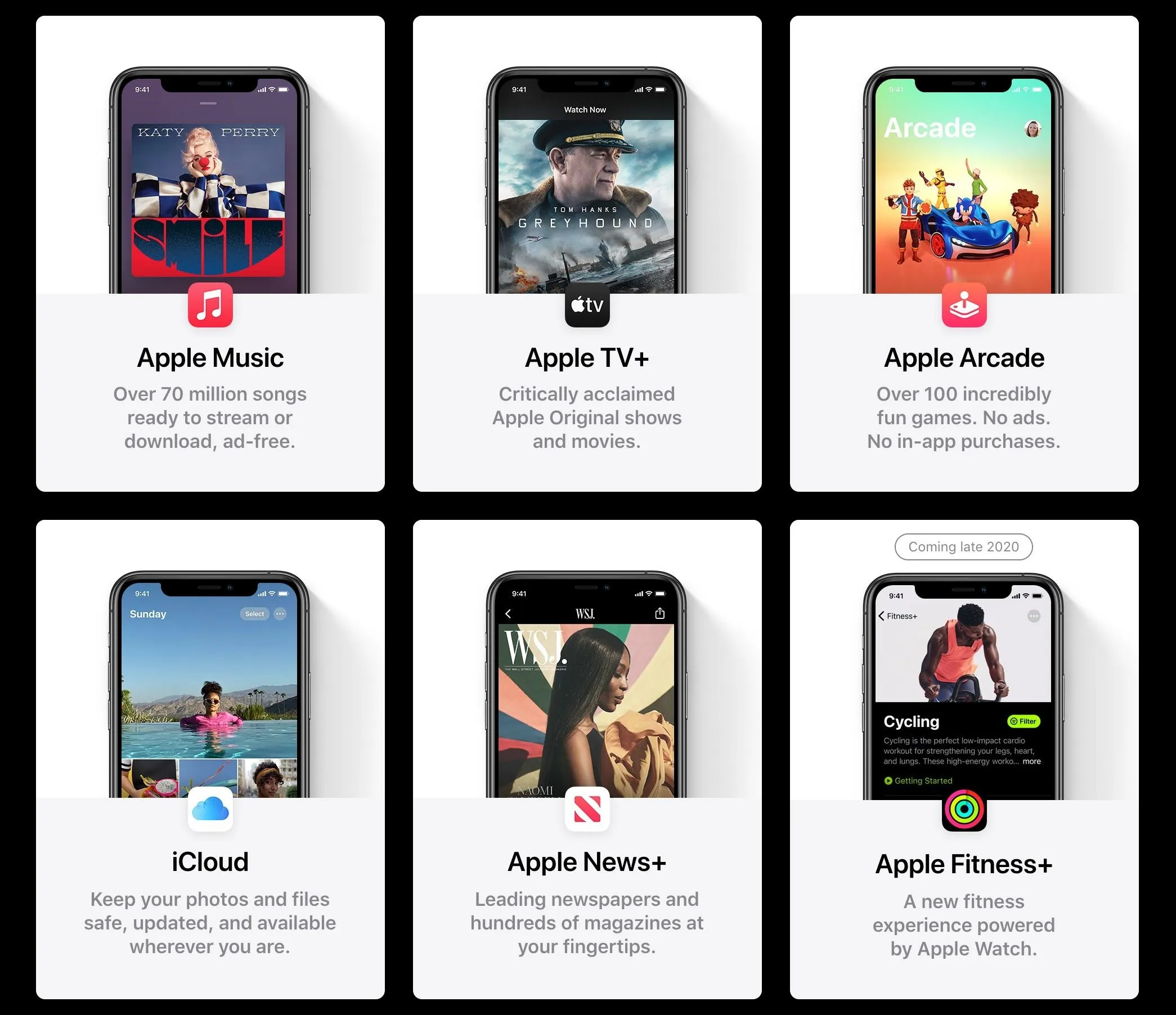 Apple services including Music, TV, Arcade, iCloud, News+, and Fitness+ displayed on mobile devices.