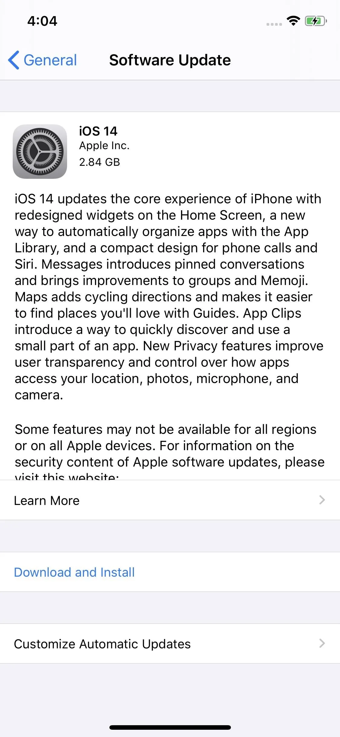 Software update screen on an iPhone displaying version information and update details.