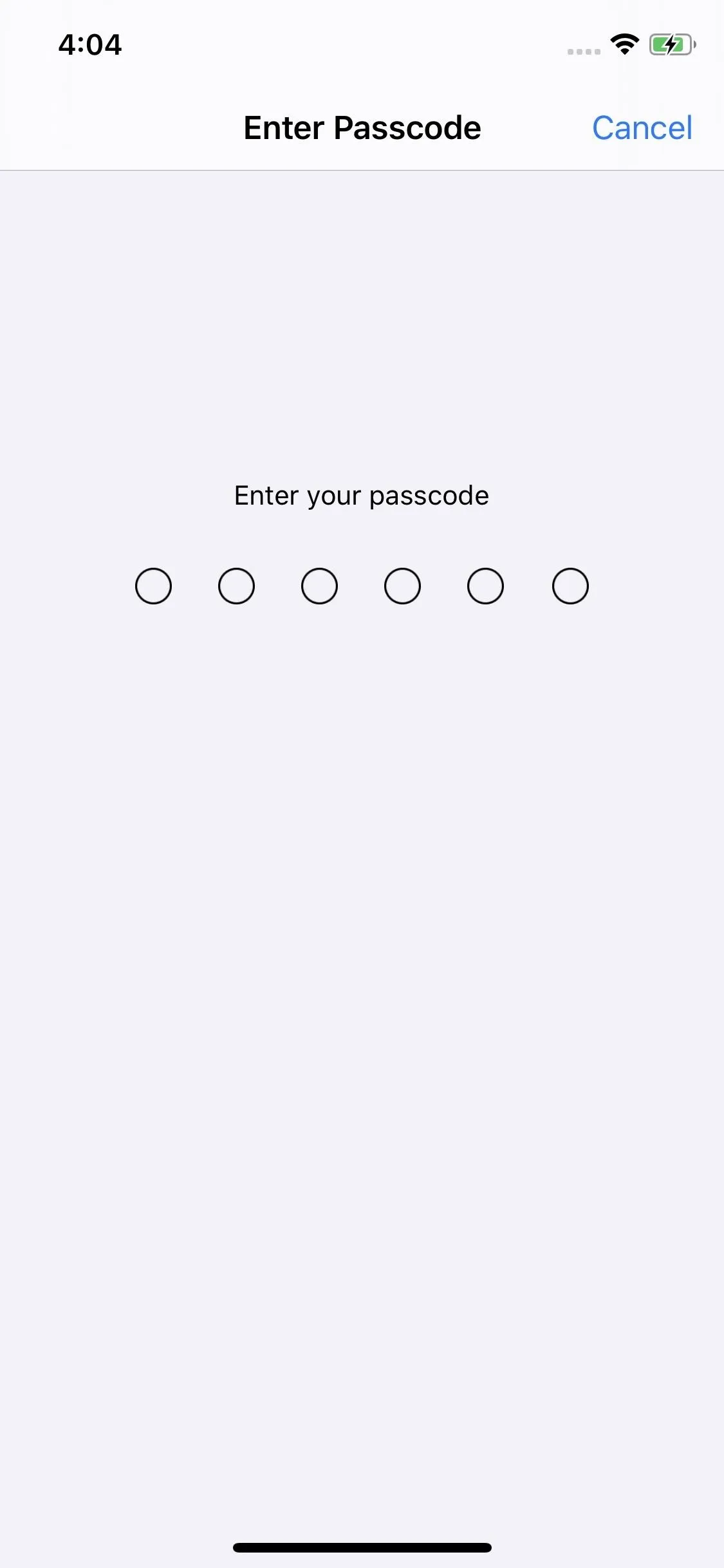 Enter password screen with six empty input fields.