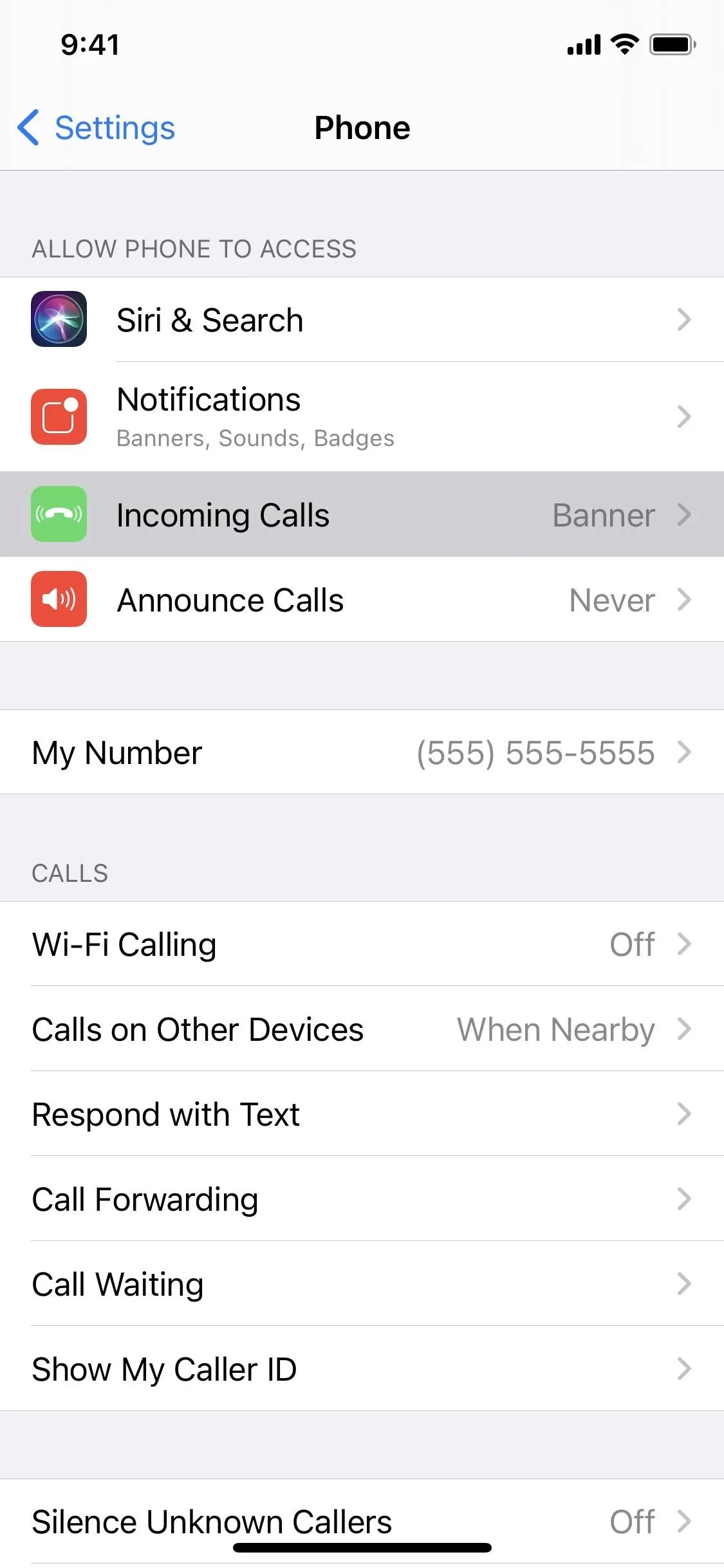 Phone settings screen showing call options and features.