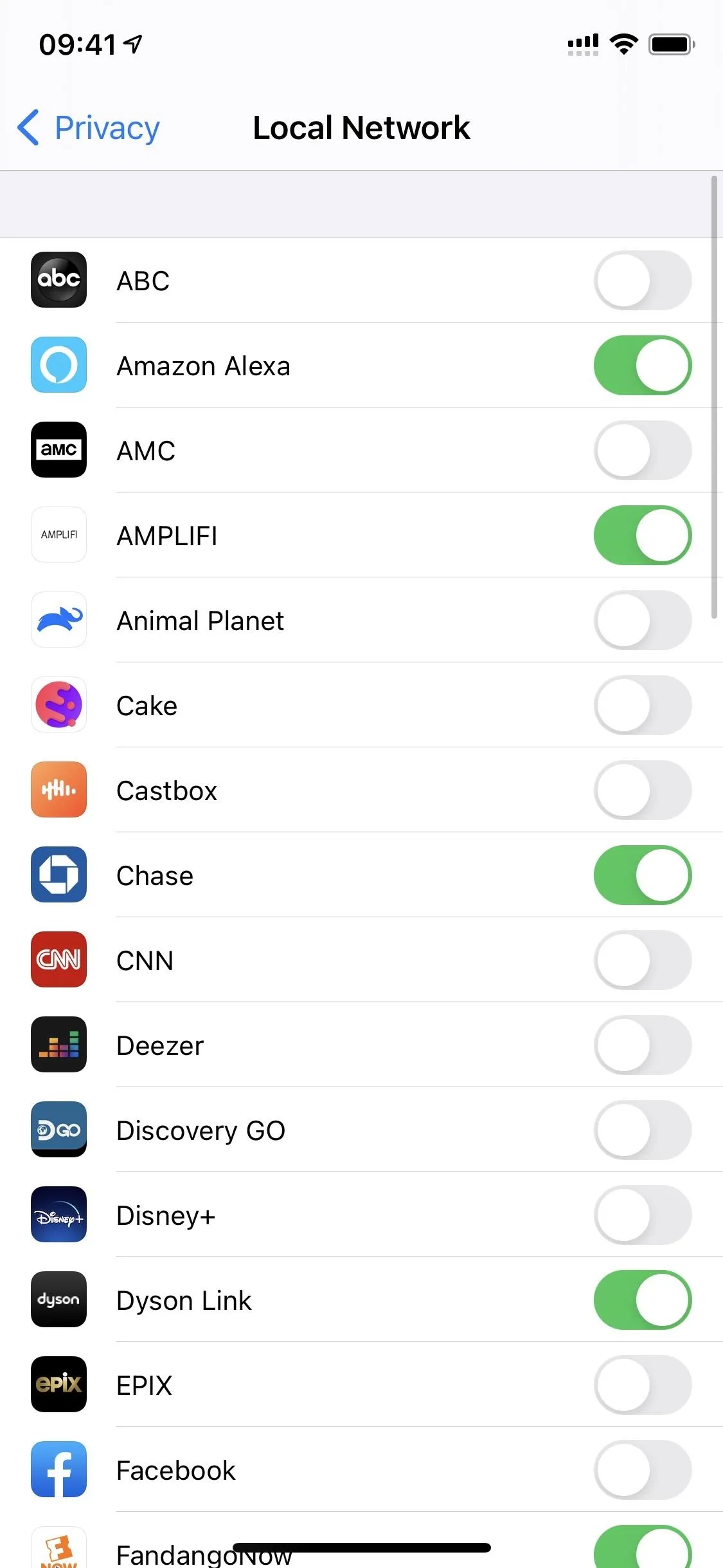 Settings menu showing local network permissions on a mobile device.