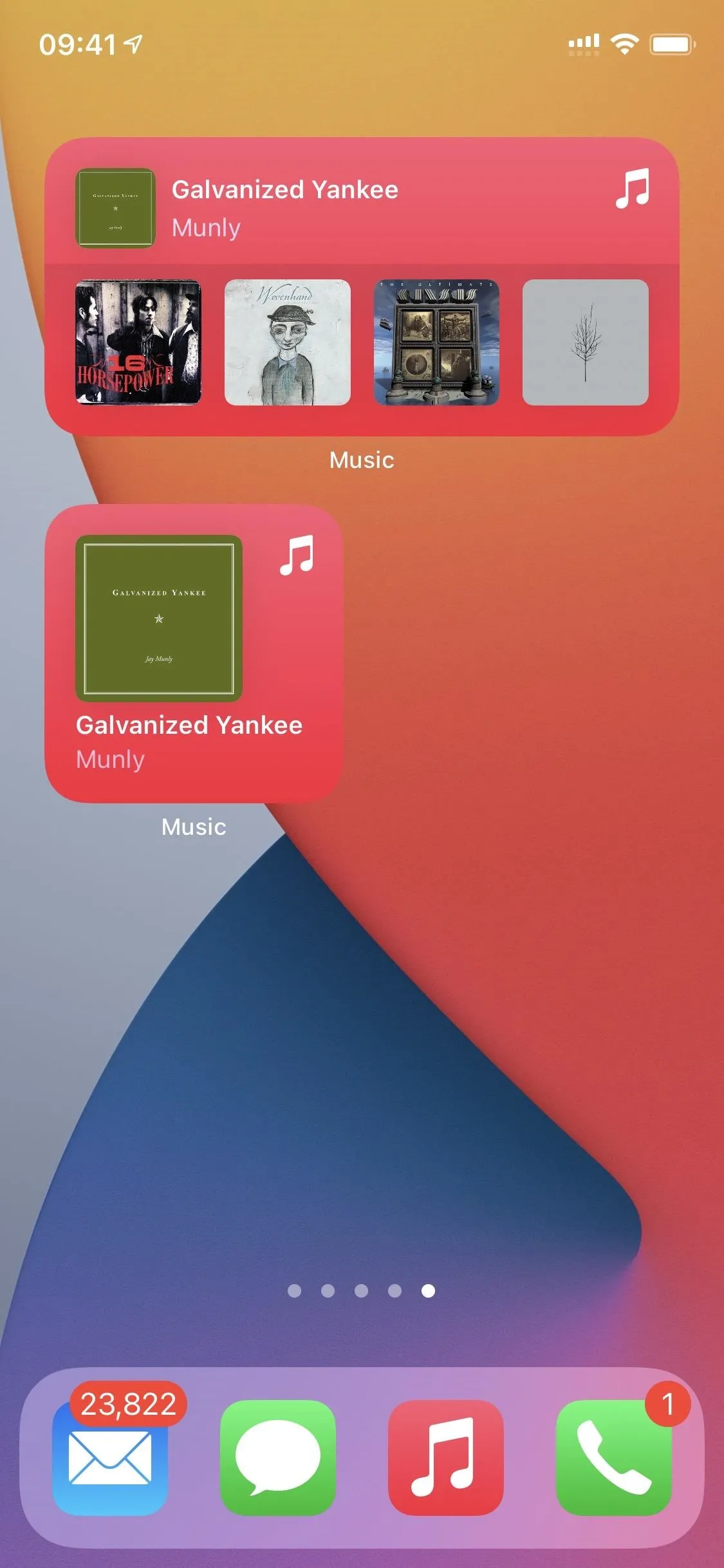 Smartphone screen displaying music widgets and album artwork.