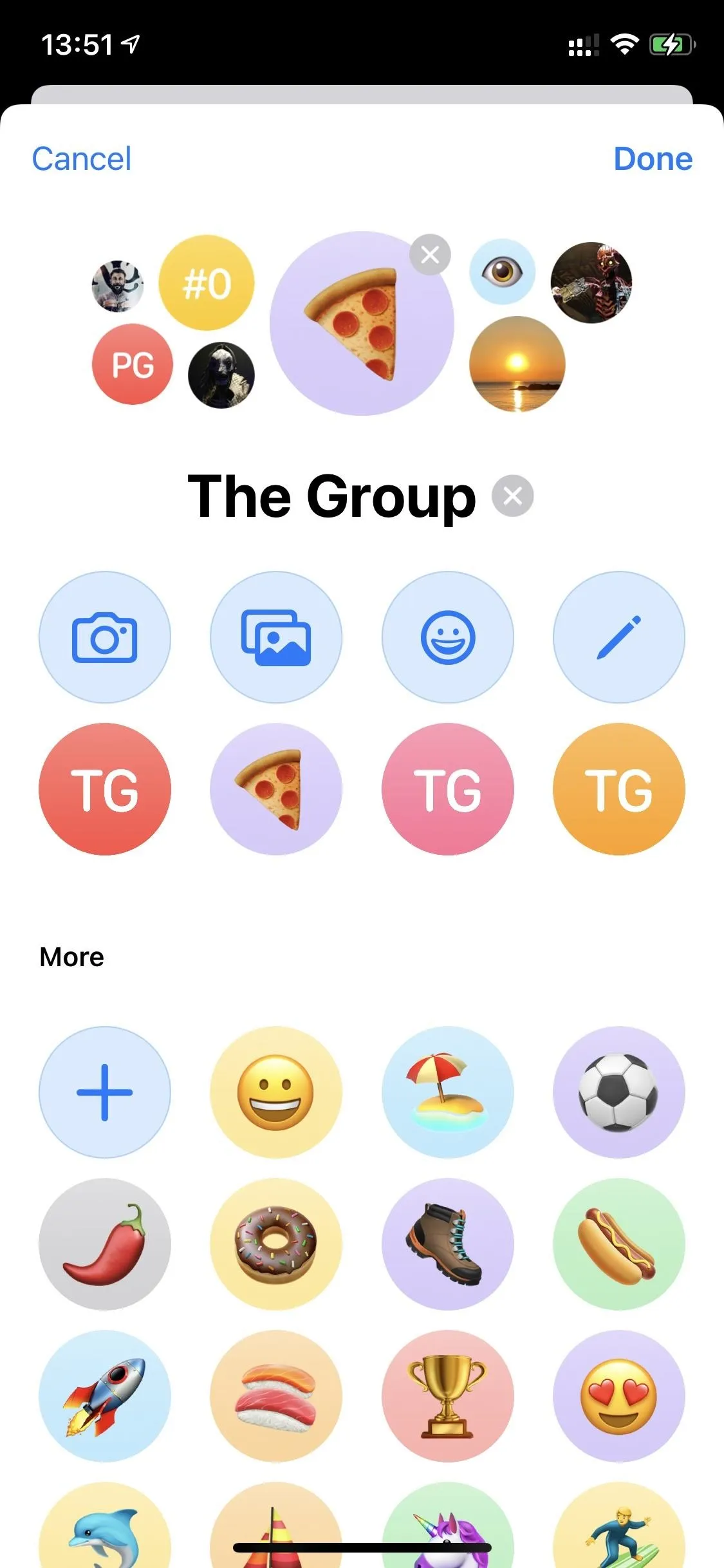 Group chat interface with emoji and pizza icon.