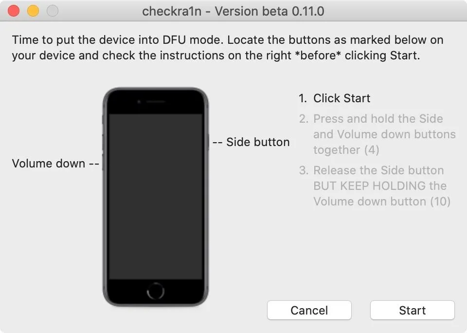 Instructions for entering DFU mode on an iPhone using checkra1n software.