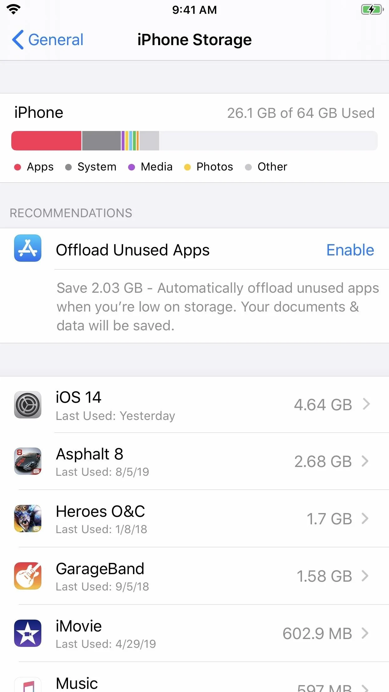 iPhone storage settings showing used and available space, along with app storage details.