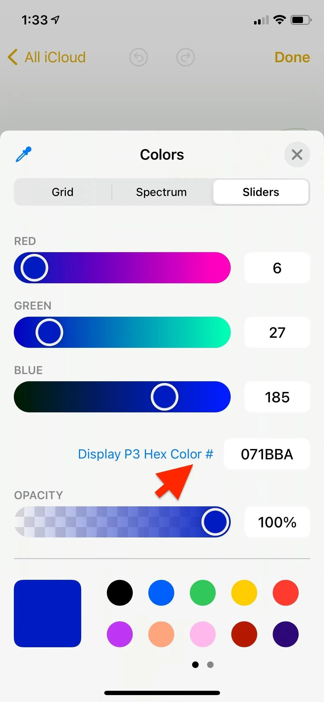 Color palette selection interface with adjustable sliders for hue, saturation, and brightness. 