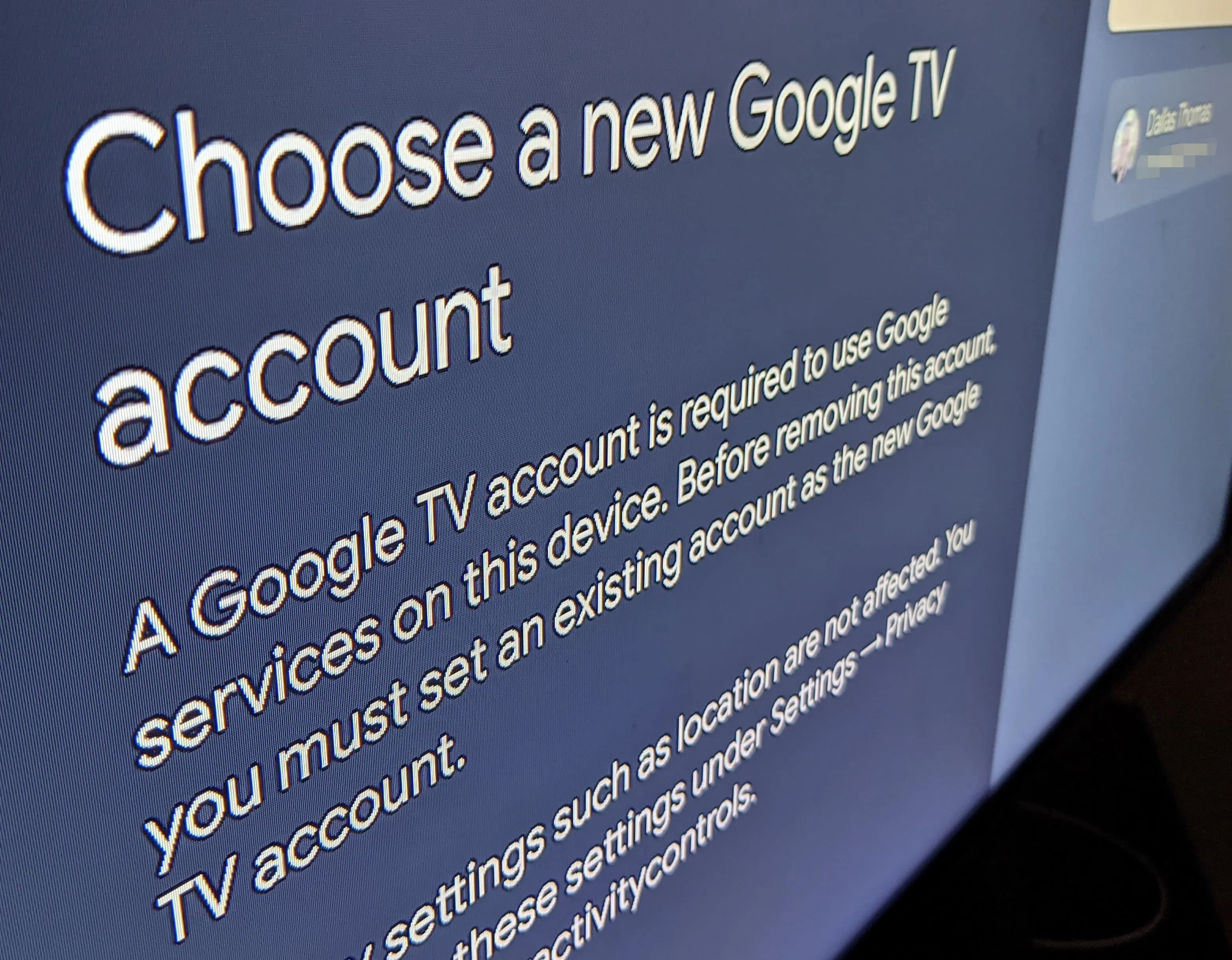 Choose a new Google TV account setup instructions.