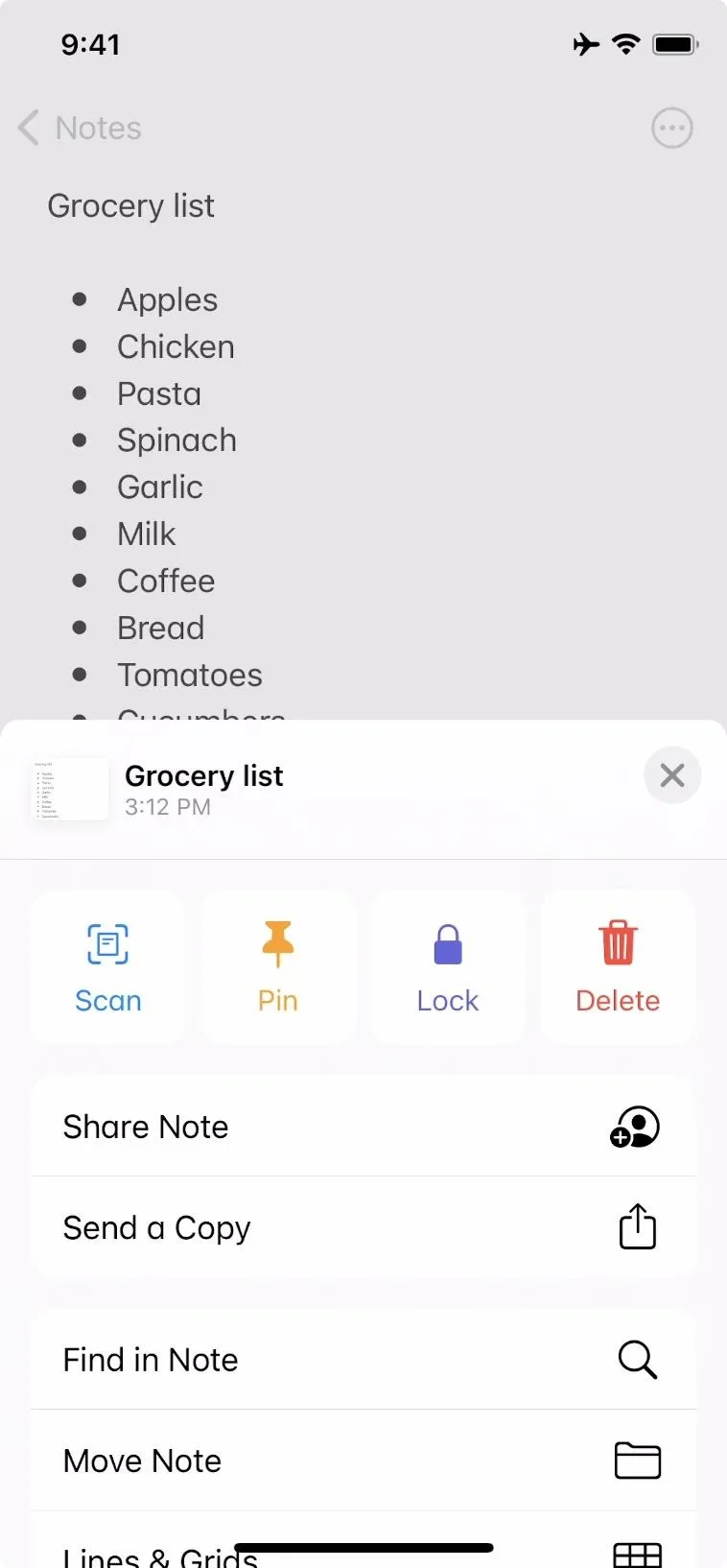 Grocery list on a mobile app with various food items and options.