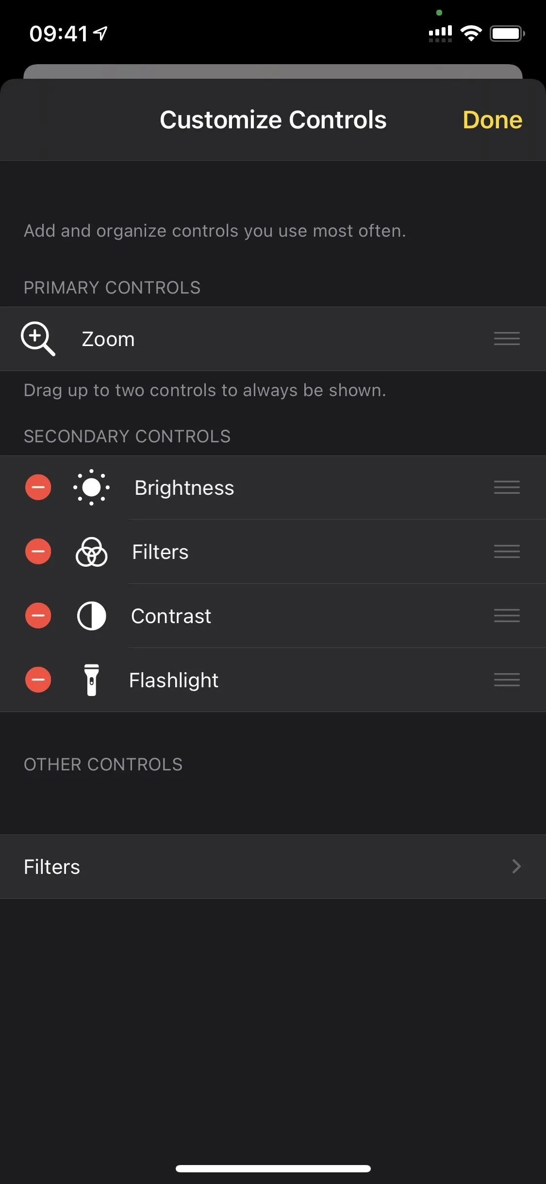 Settings menu with customizable controls for brightness, filters, and volume.