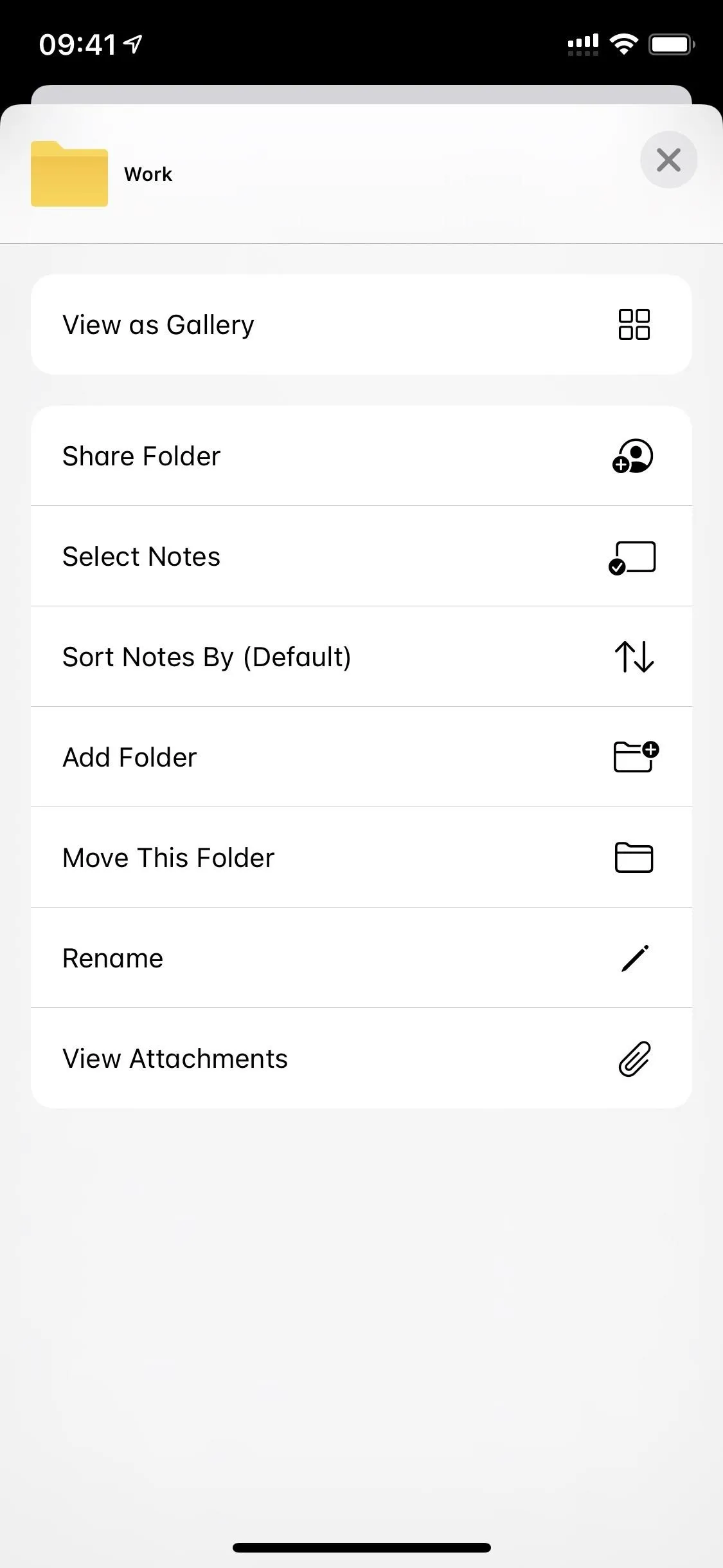 Mobile app interface displaying options for organizing notes and folders.