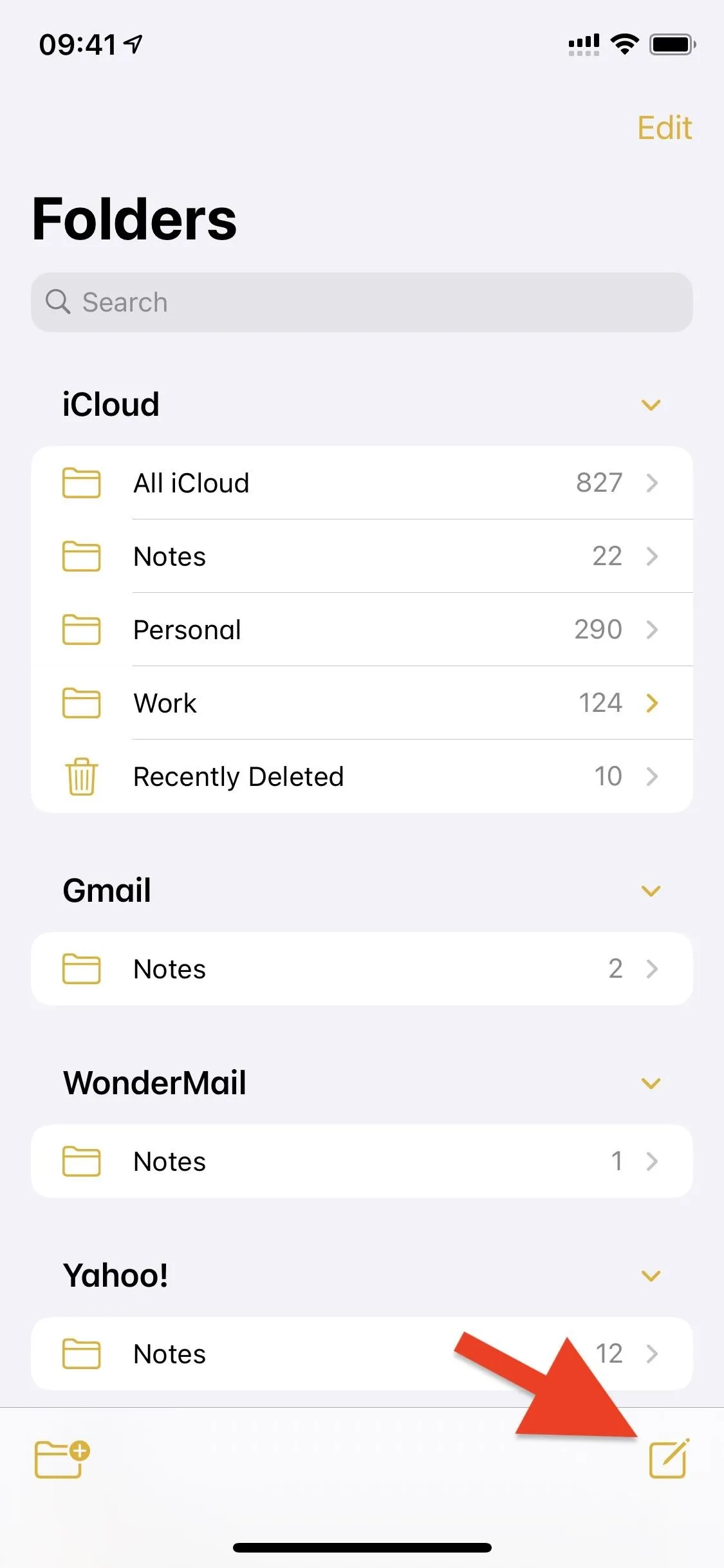 Folders in a mobile app interface with an arrow pointing to the 'iCloud' folder.