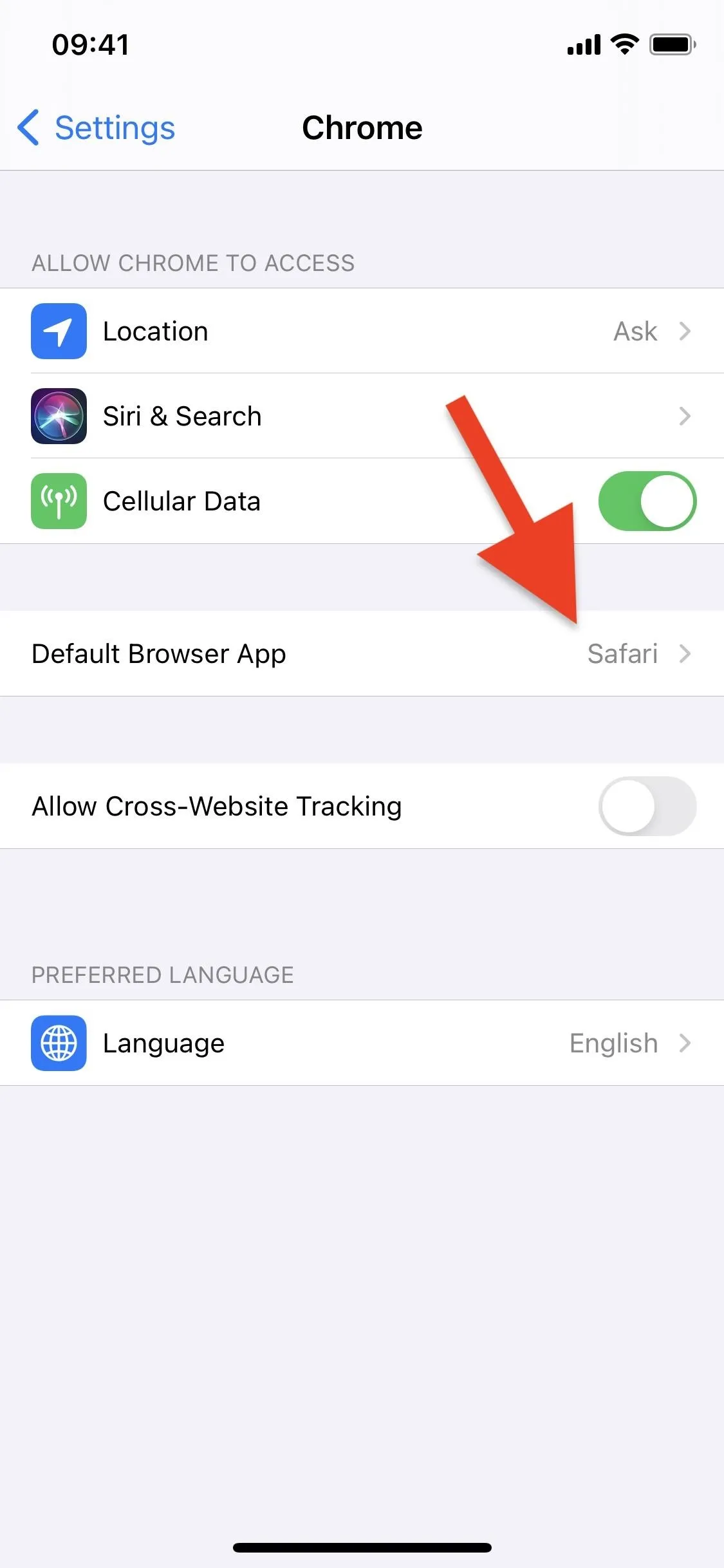 Settings menu on a mobile device showing default browser app selection.