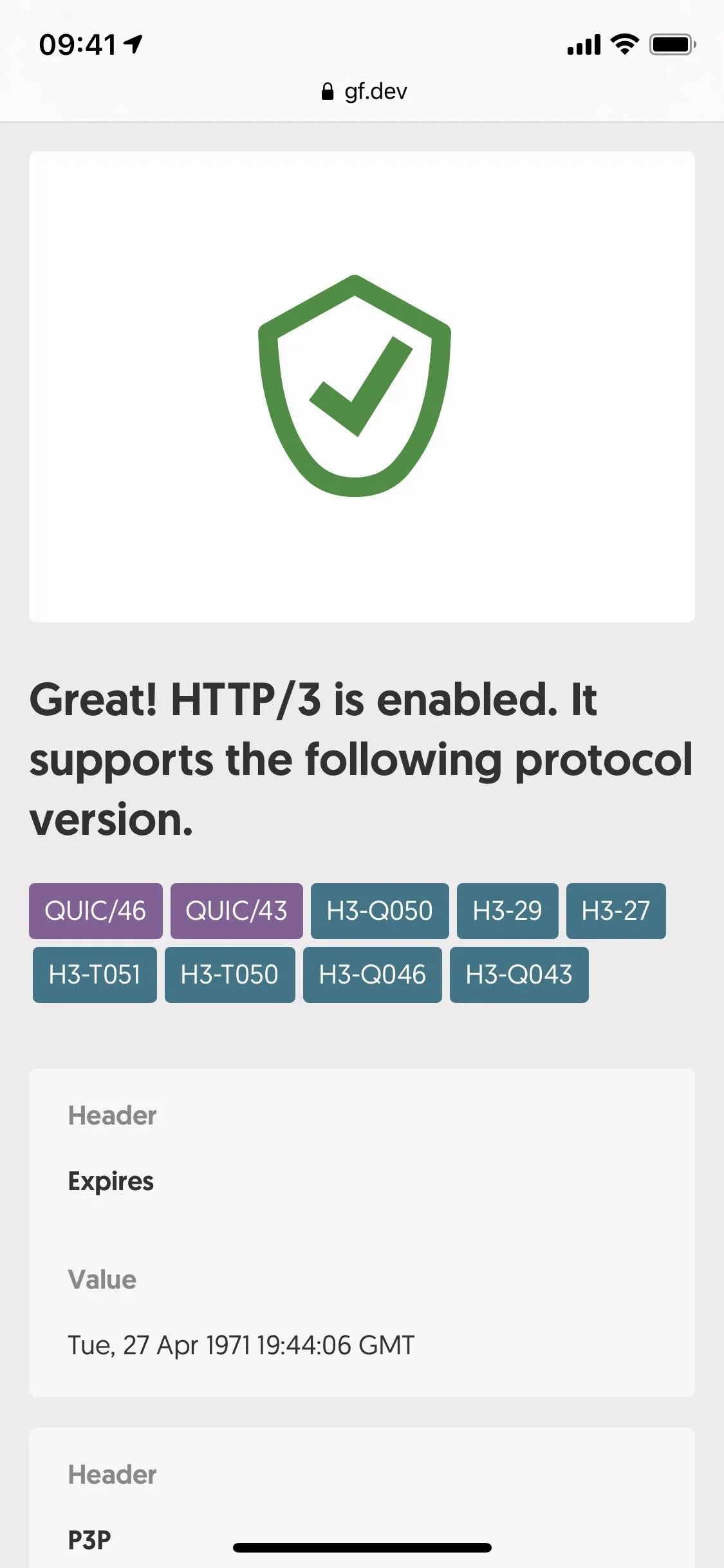 "Information about HTTP/3 support and enabled status"