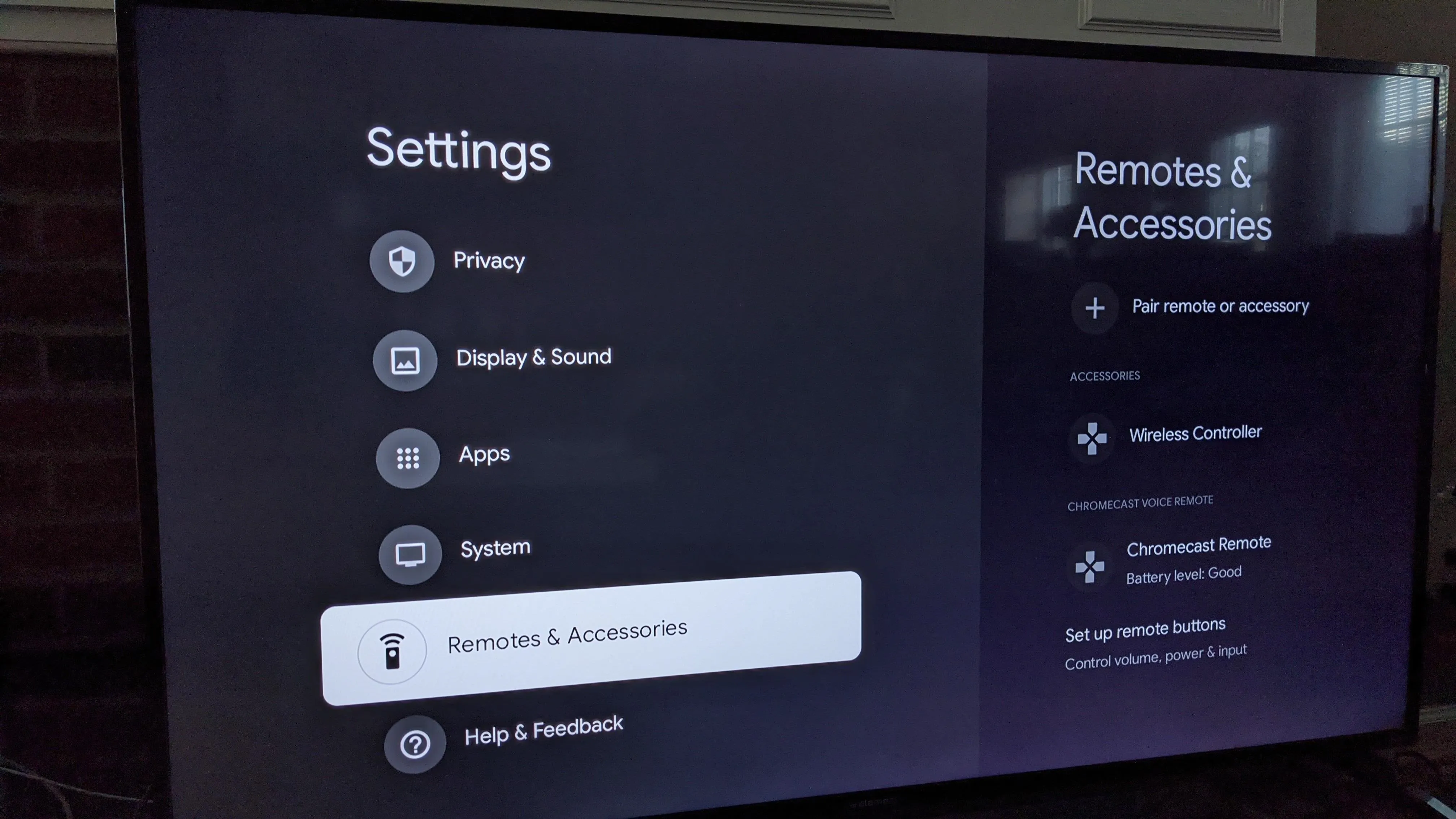 Settings menu on a television displaying options for Privacy, Display & Sound, Apps, System, and Remotes & Accessories.