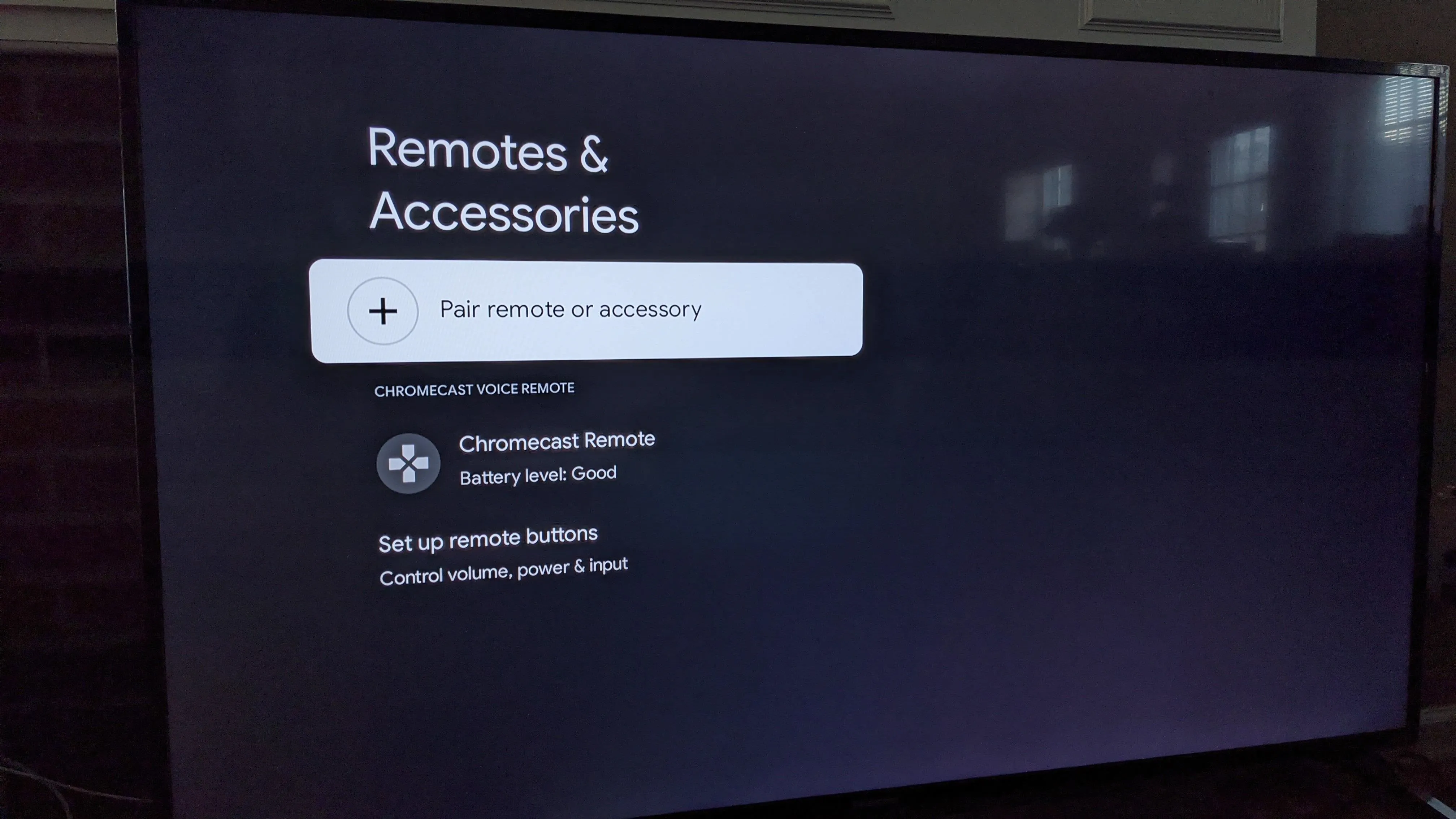 Remotes and accessories setup screen on a television.