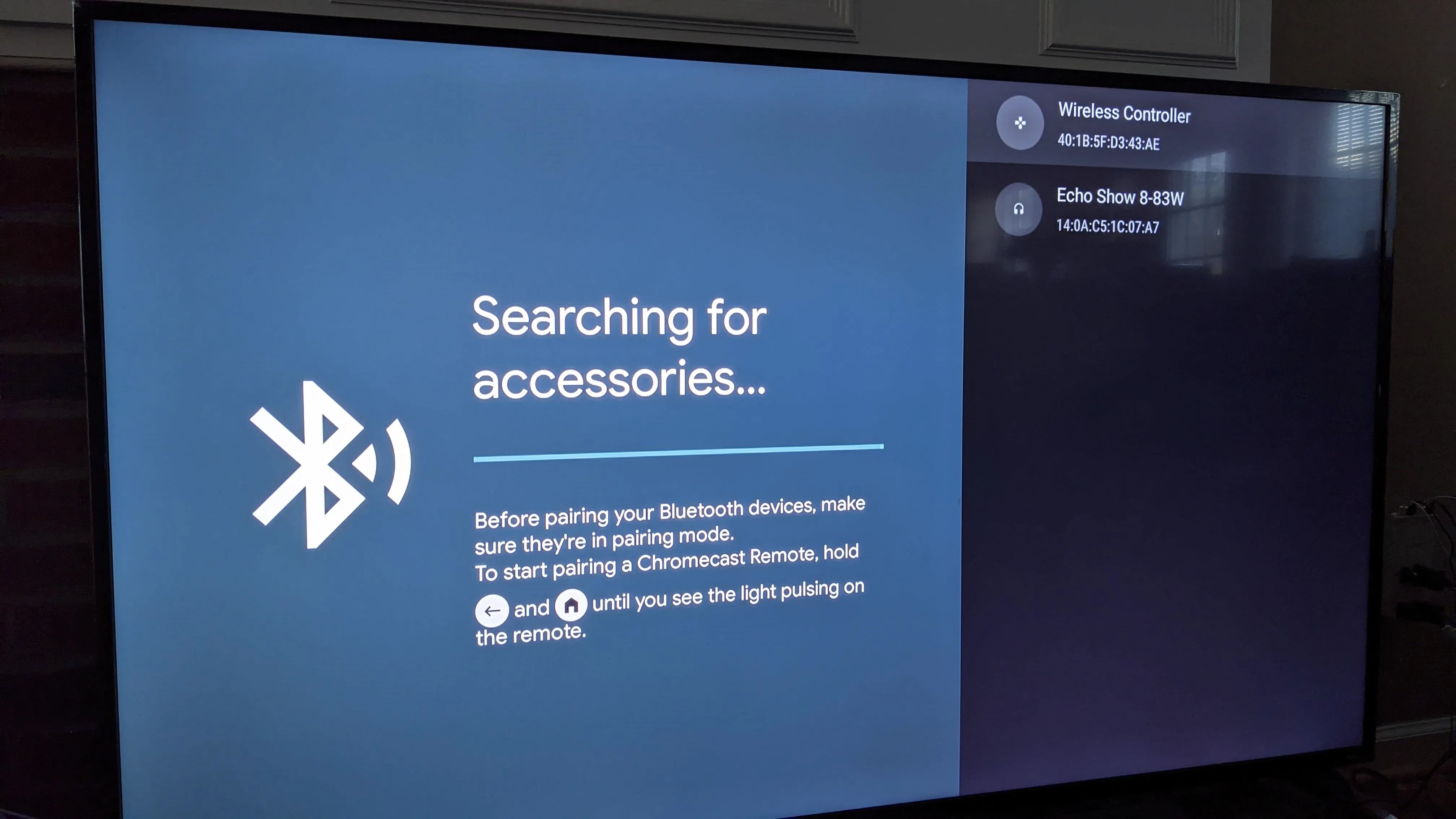 Bluetooth accessories search screen on a television.