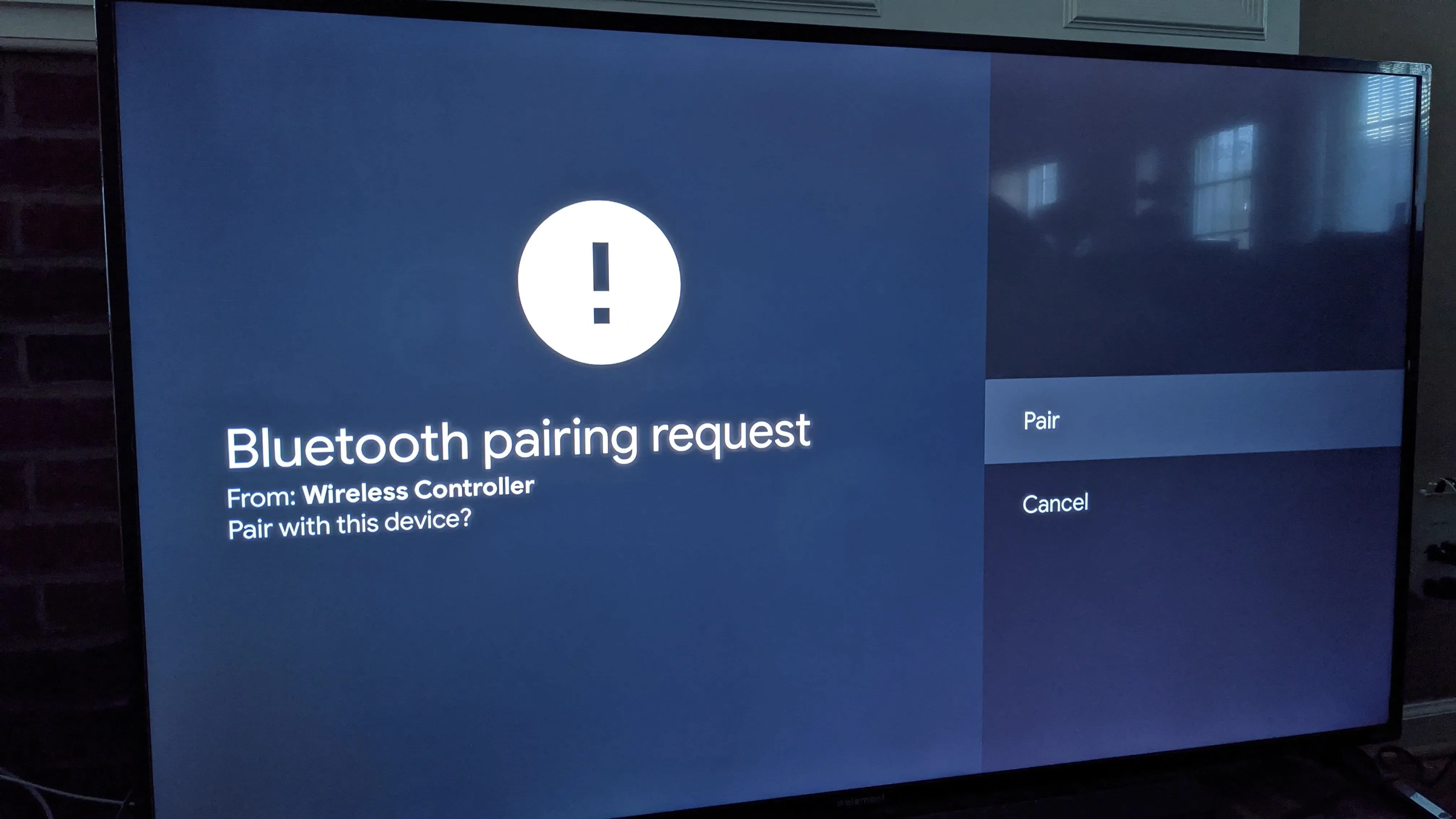 Bluetooth pairing request from Wireless Controller. Options to Pair or Cancel.