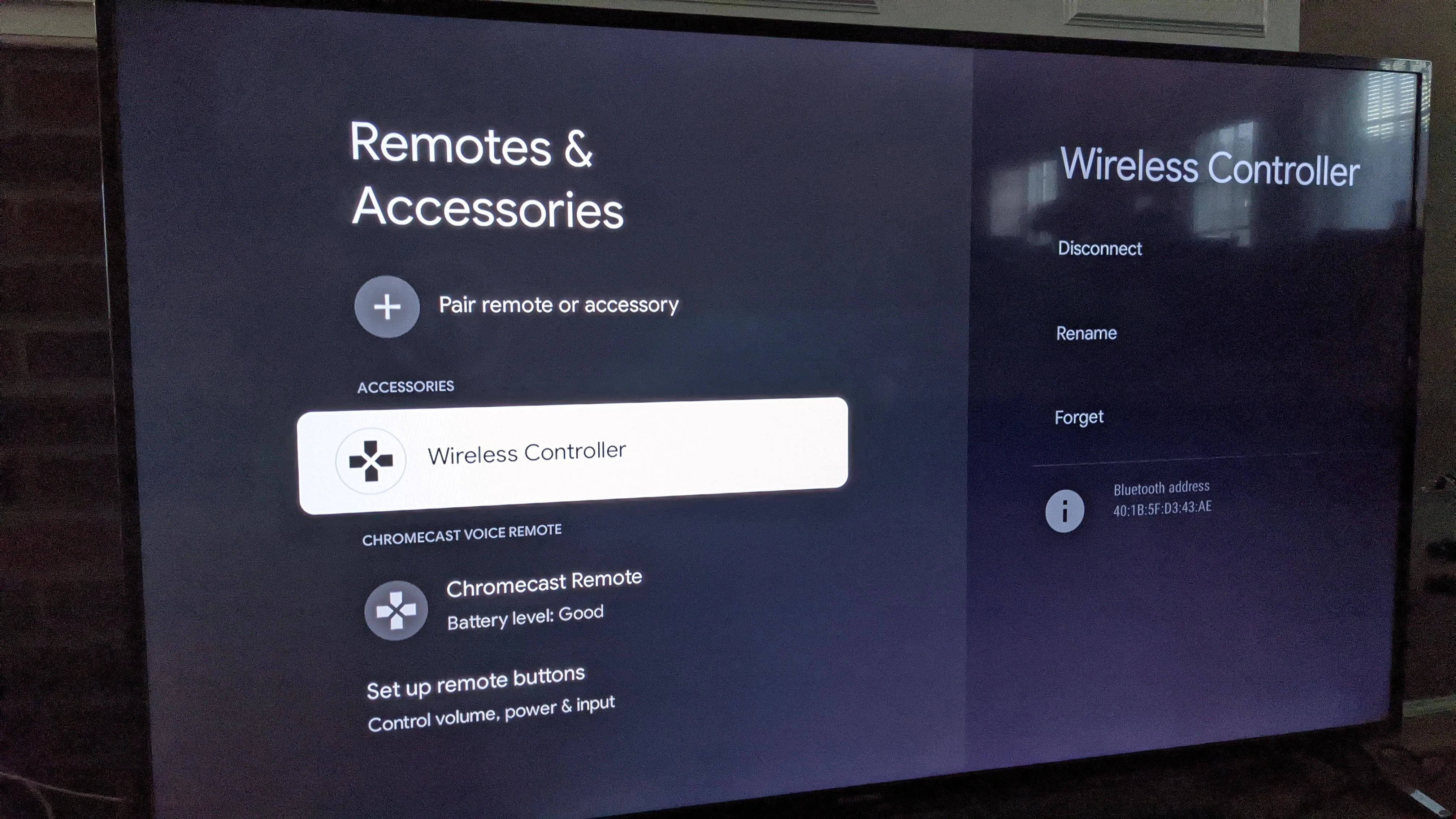 Wireless controller settings on a smart TV screen.