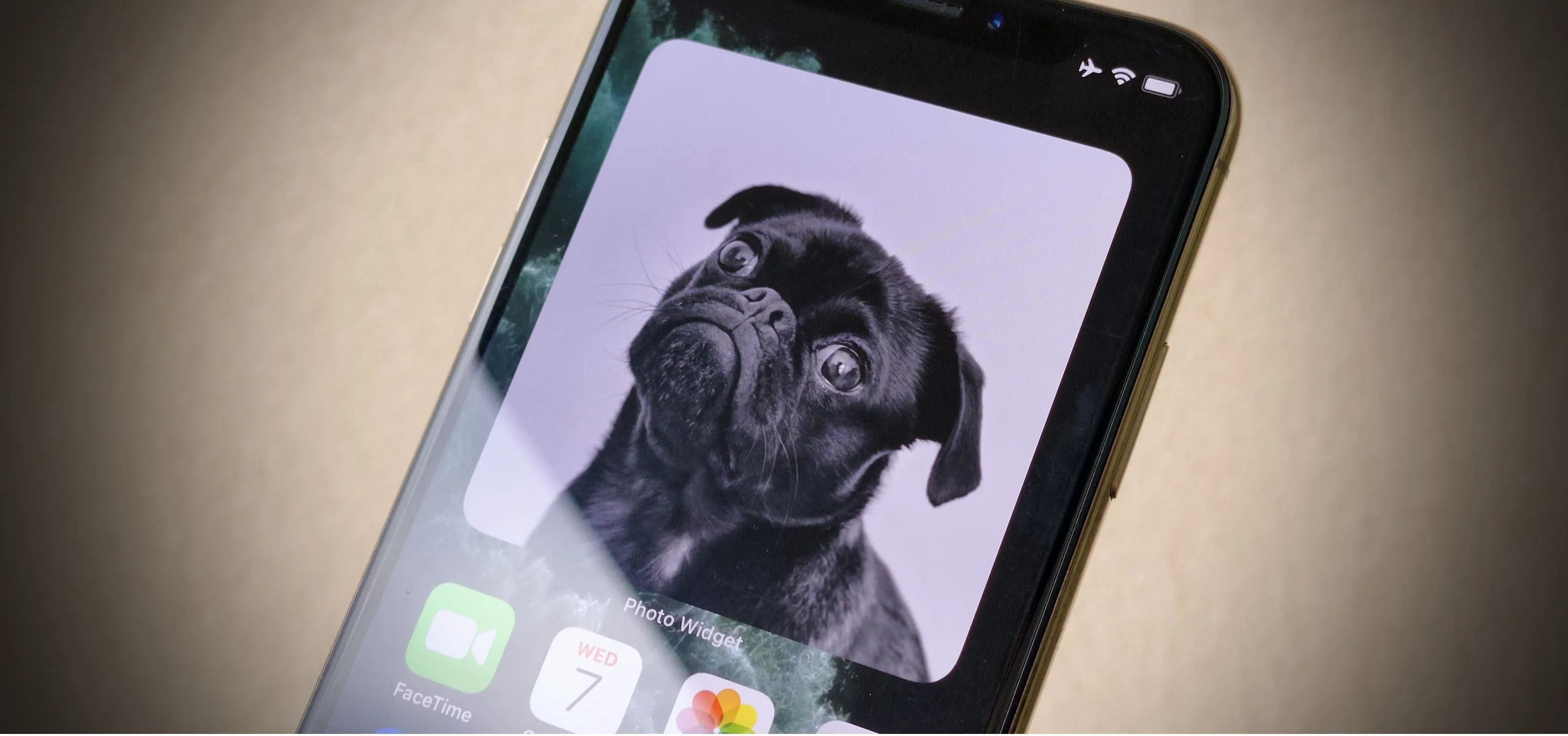 A smartphone displaying a close-up image of a pug dog.