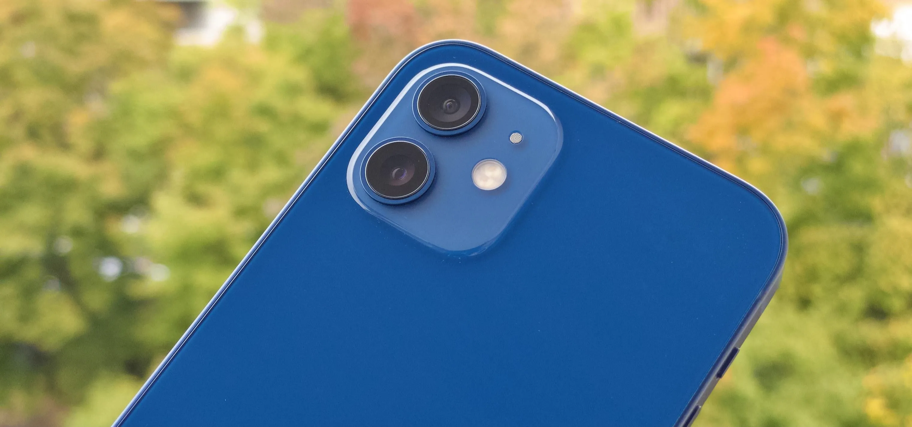 Blue smartphone with dual cameras, set against a blurred natural background.