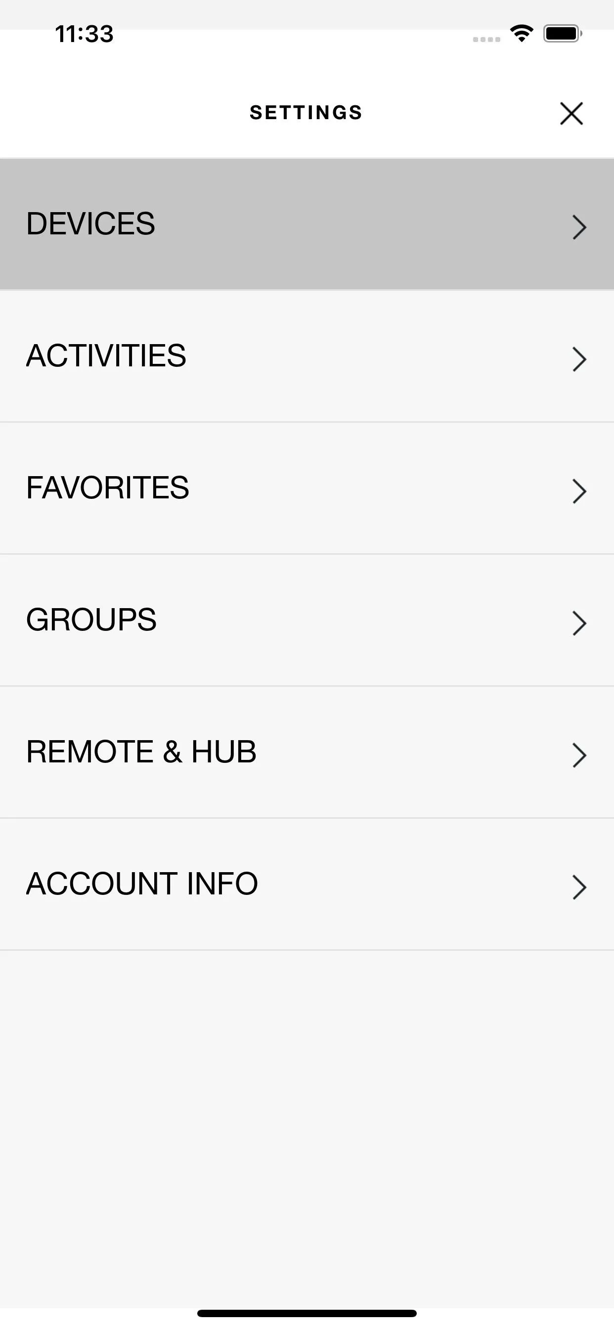 Settings menu displaying options for Devices, Activities, Groups, Remote S Hub, and Account Info.