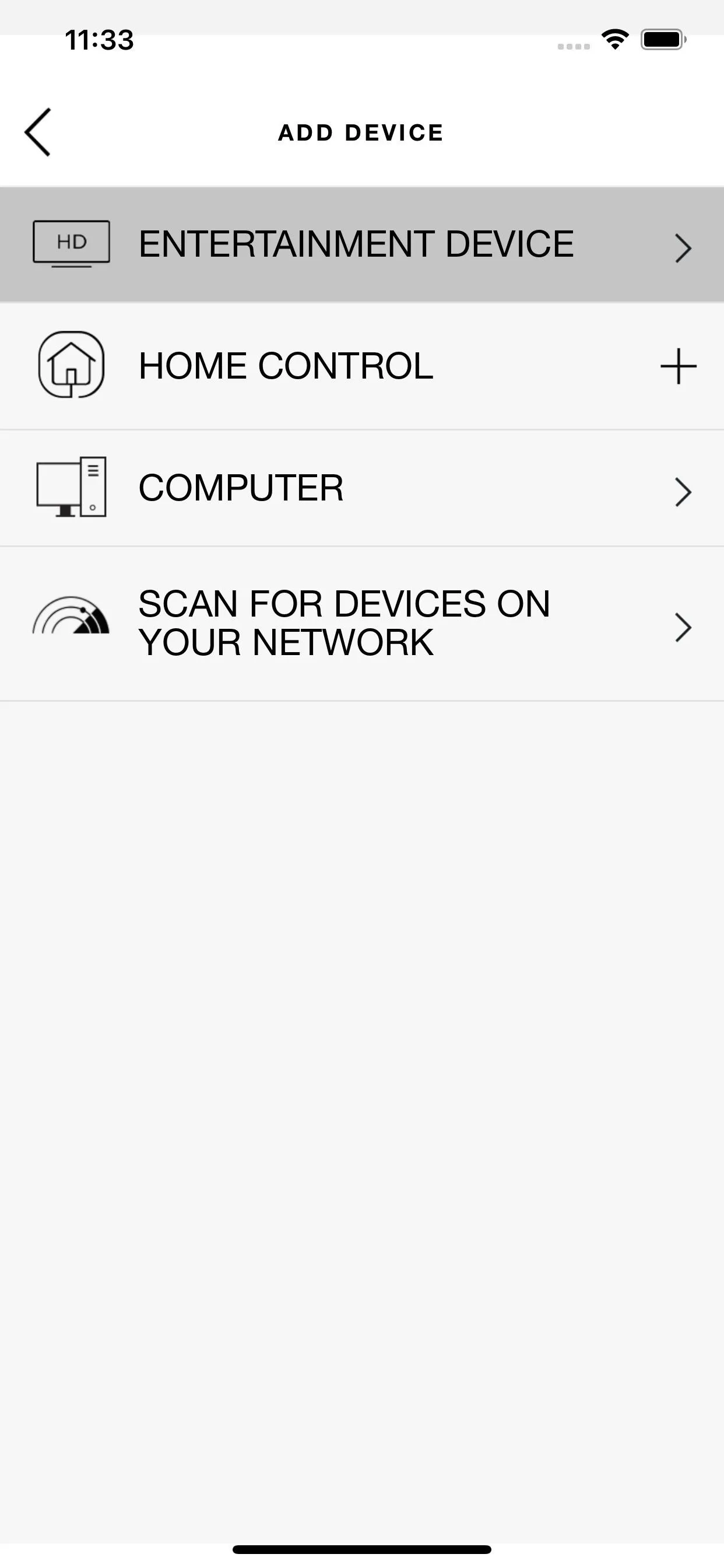 Image showing a mobile app interface with options for 'Home Control' and 'Computer', along with a 'Scan for Devices on Your Network' feature.