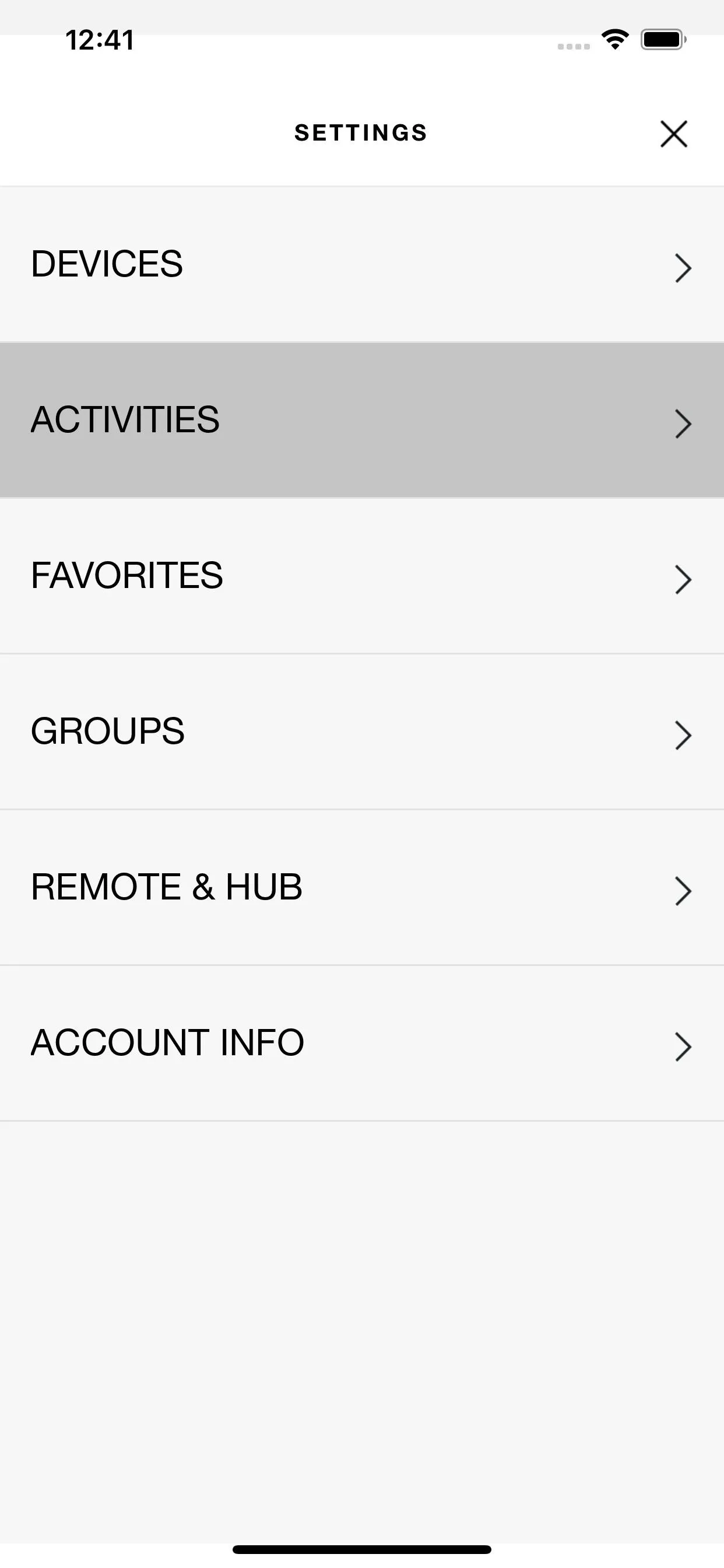 Settings menu showing options for Devices, Activities, Groups, Remote Hub, and Account Info.