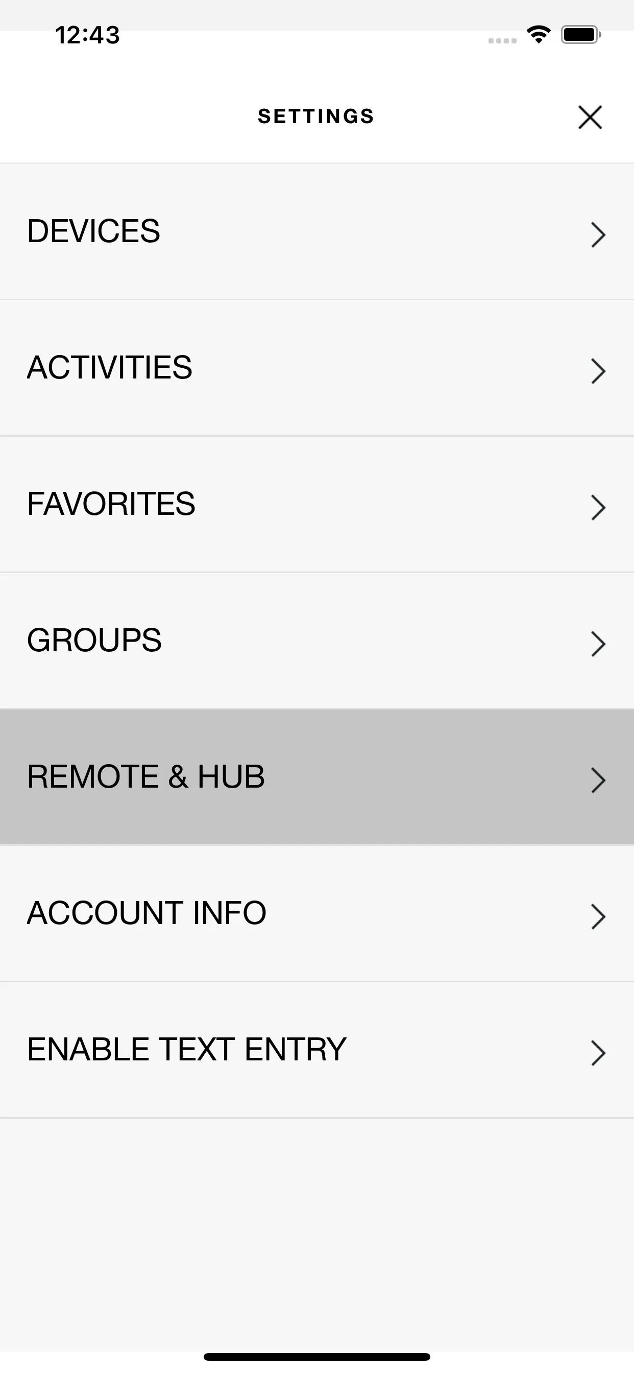 Settings menu with options for devices, activities, groups, and remote hub.